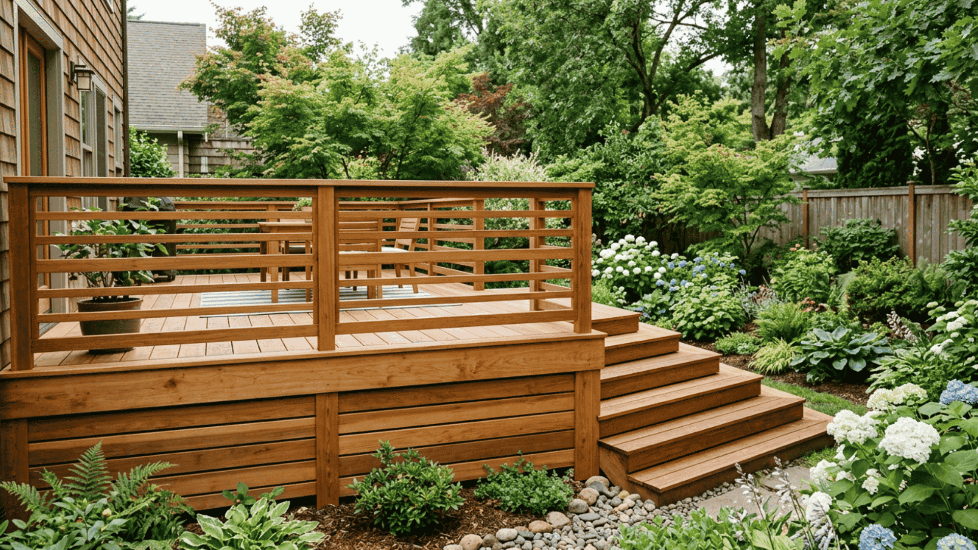 Privacy fence-style skirting below a backyard deck