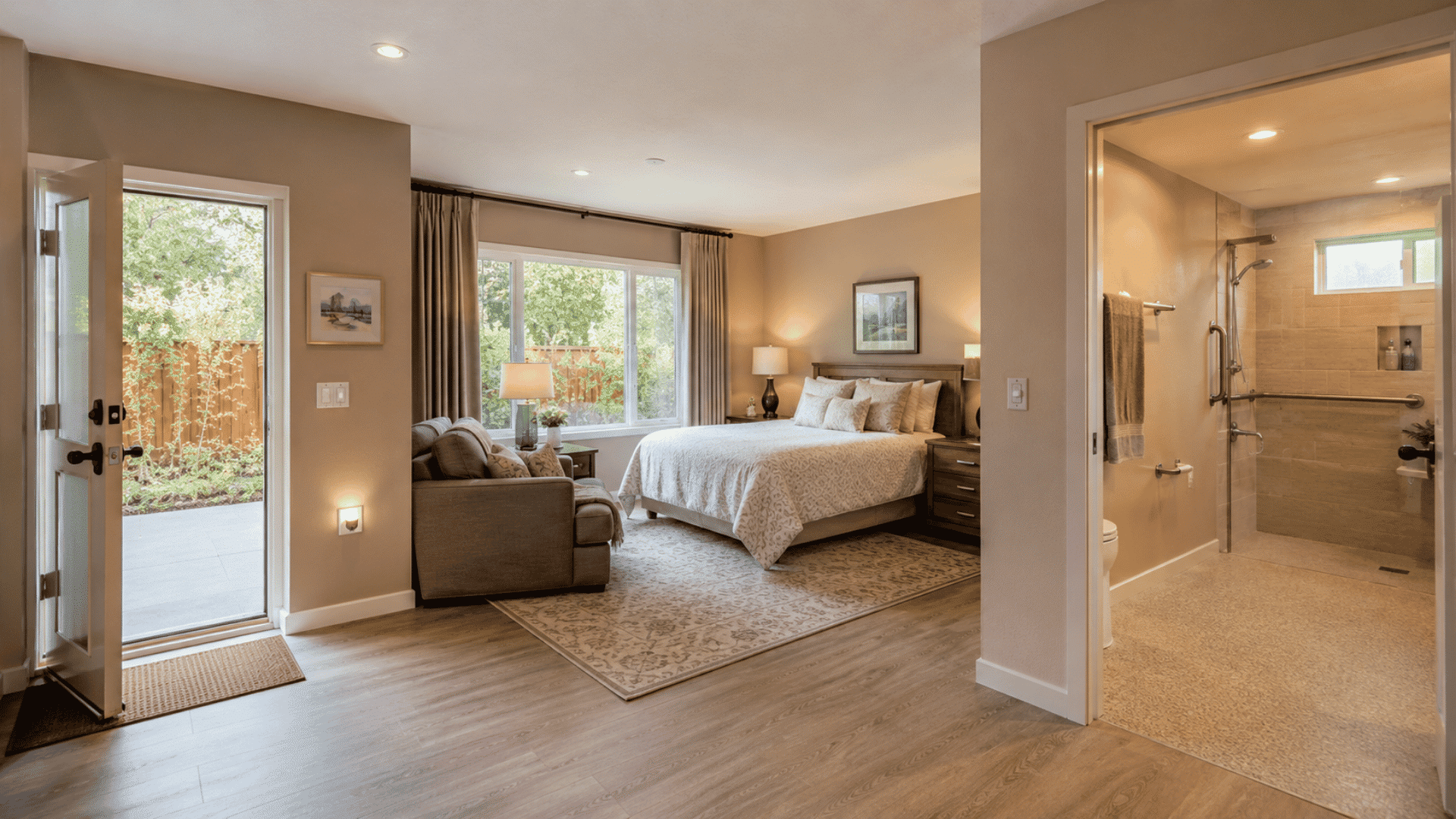 Accessible family suite with a bedroom, sitting area, and curbless bathroom.