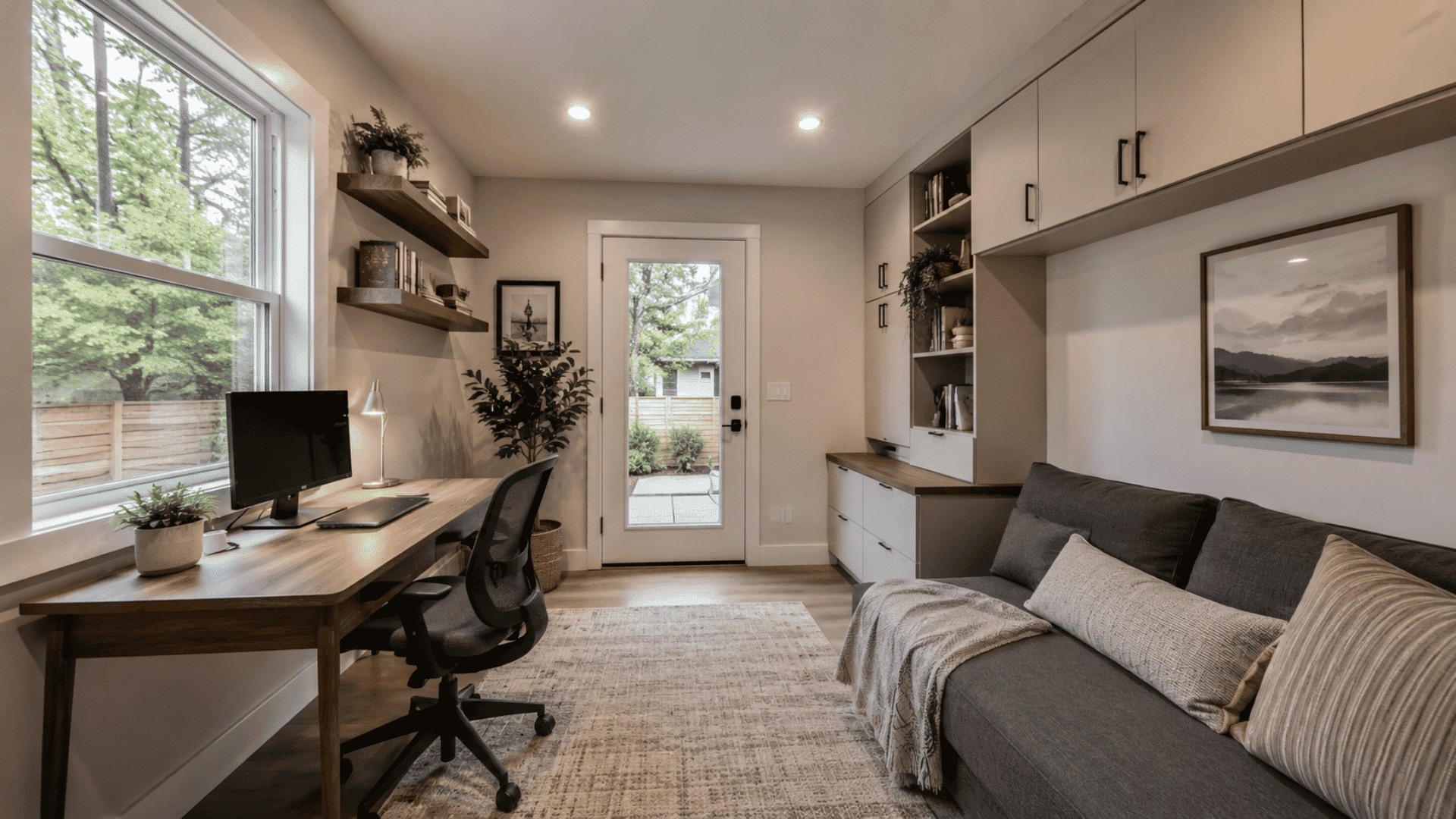 garage converted into a bright home office with a desk, sofa, and storage.