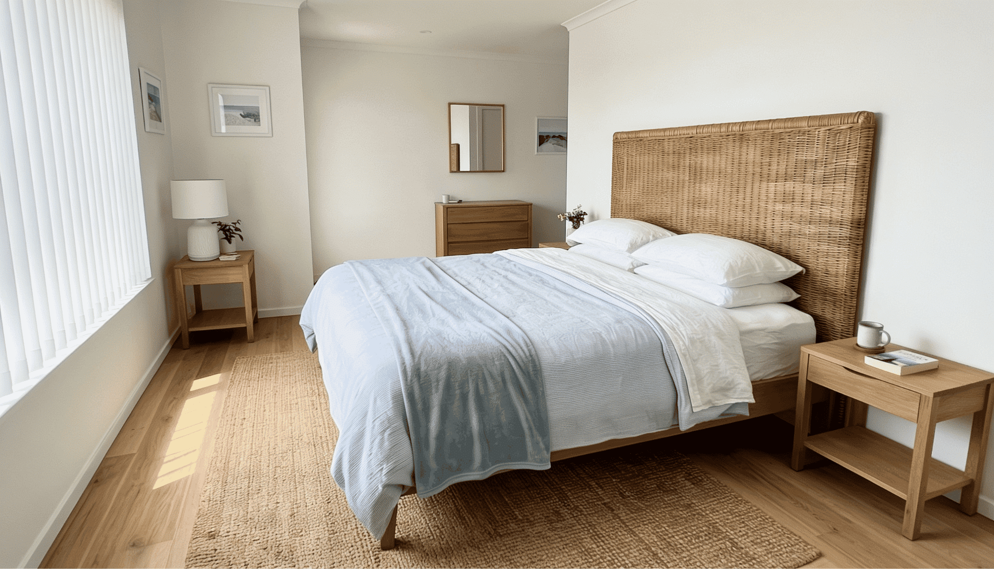 coastal bedroom with a rattan headboard and white bedding
