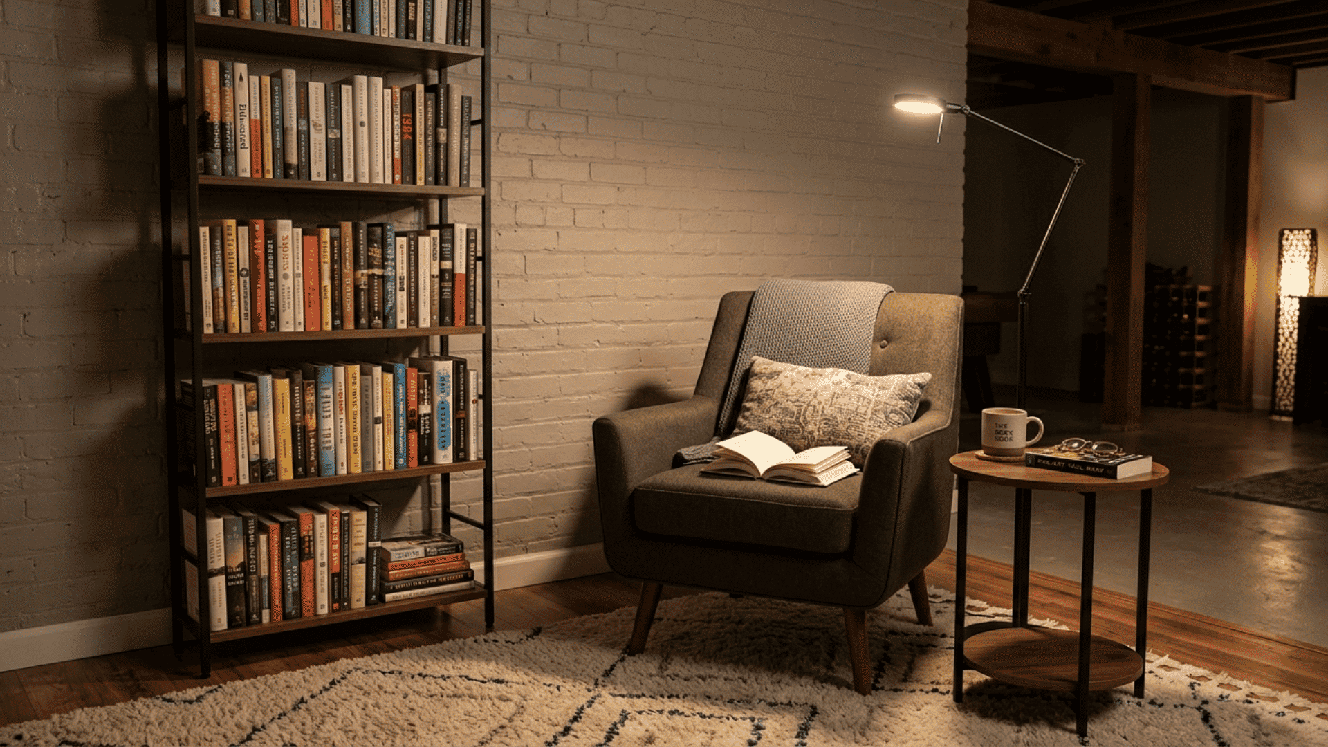 basement reading area with a gray armchair, tall bookshelf, lamp, and side table