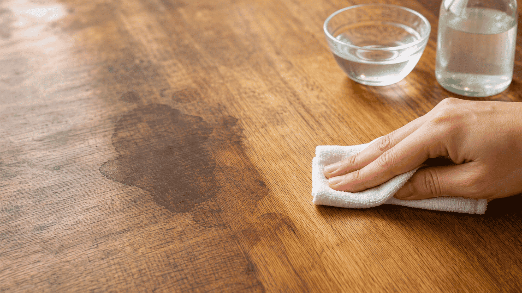 Wiping a dark water stain on a wood table with a vinegar solution and cloth