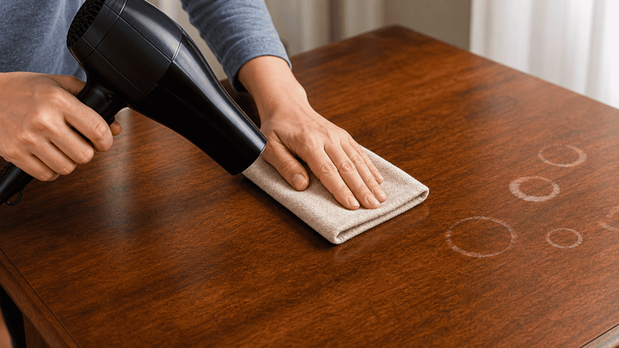 using a hair dryer and cloth to remove white water ring stains from a wood table