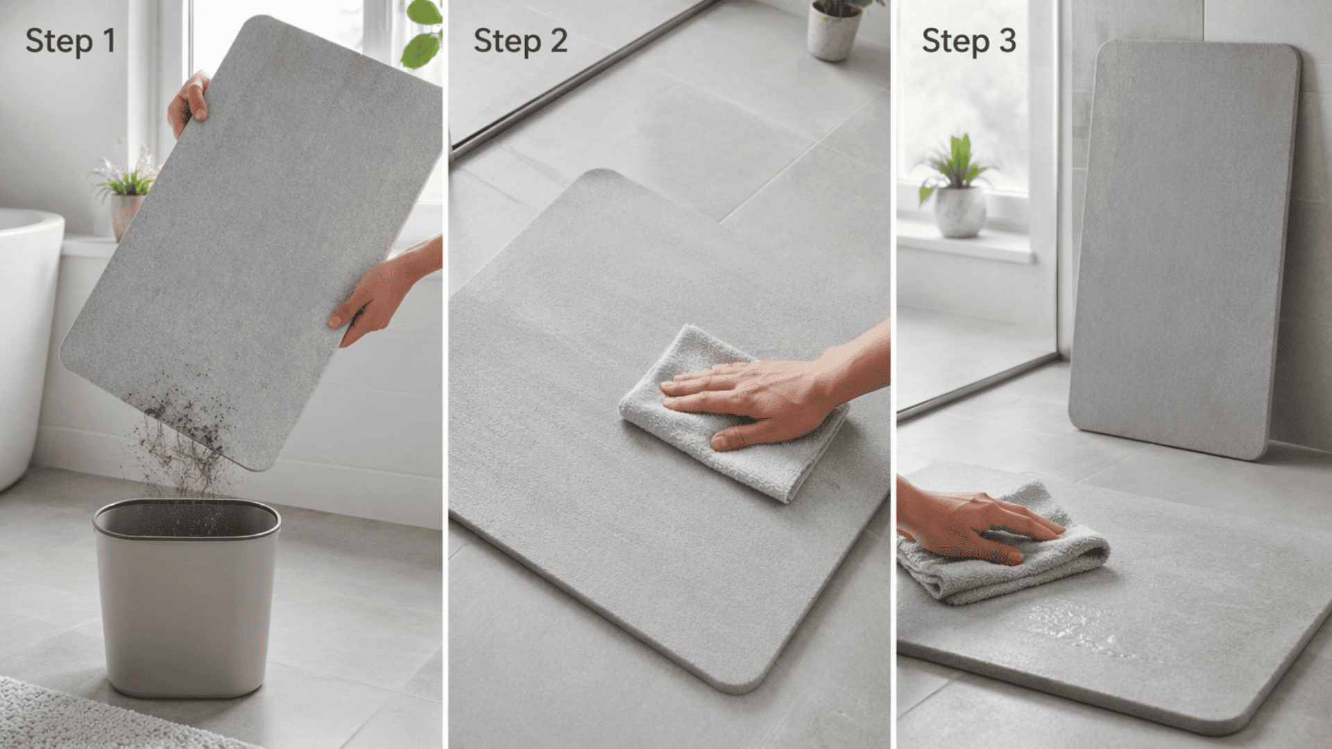 Stone bath mat cleaned by wiping and drying