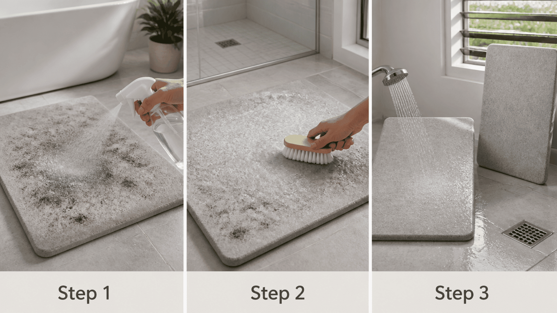 Stone bath mat cleaned to remove mold spots