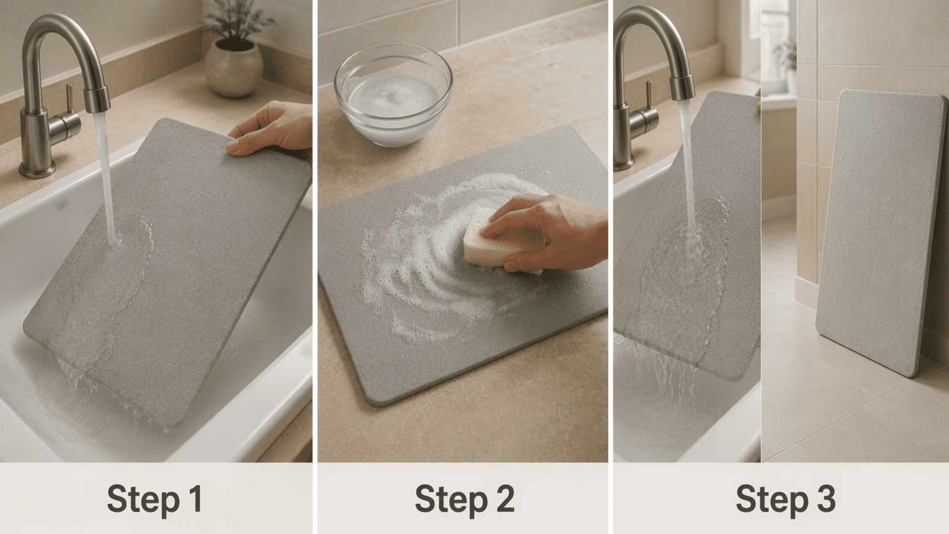 Stone bath mat rinsed scrubbed and dried upright