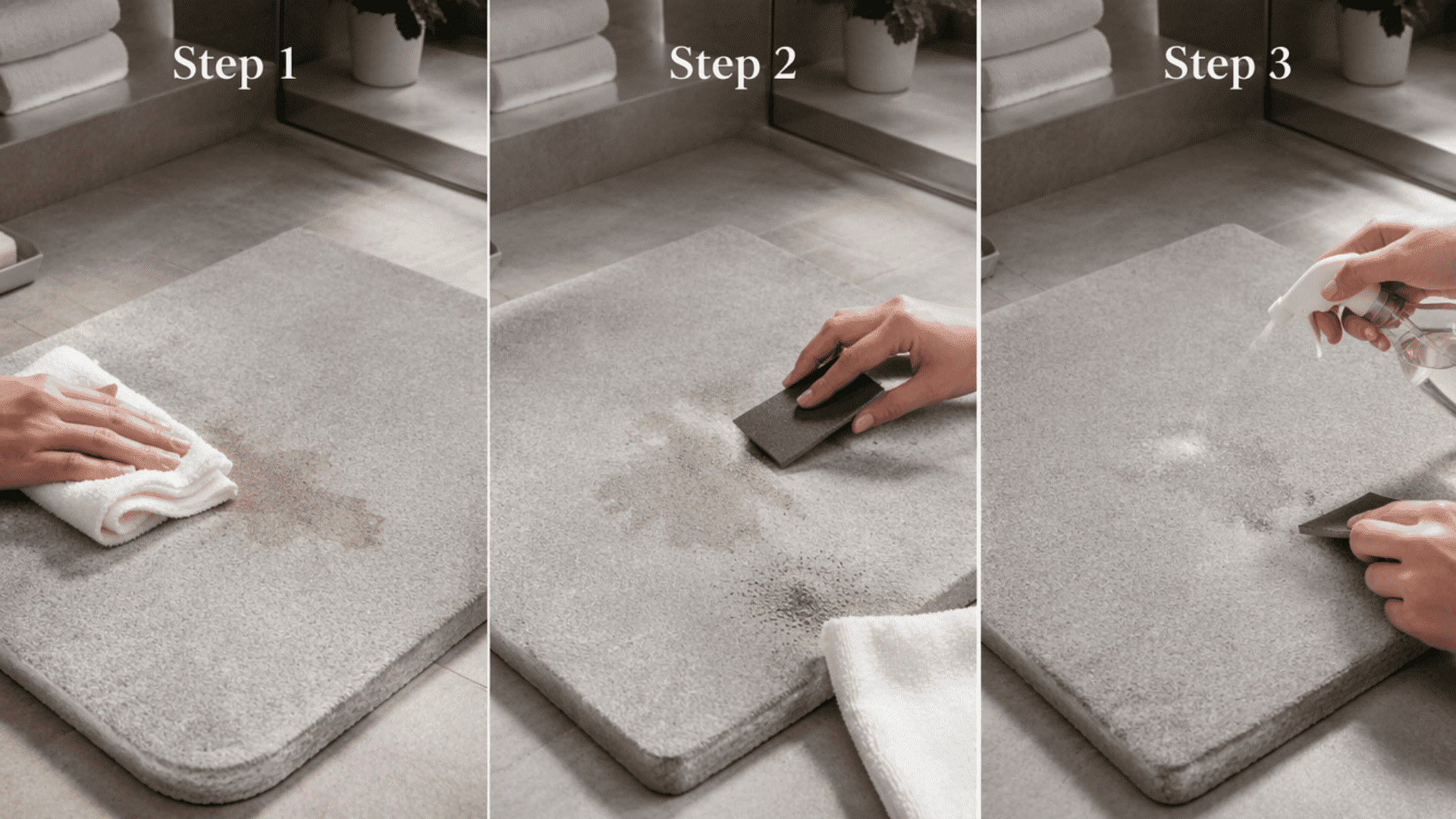 Stone bath mat stain removal with blotting sanding