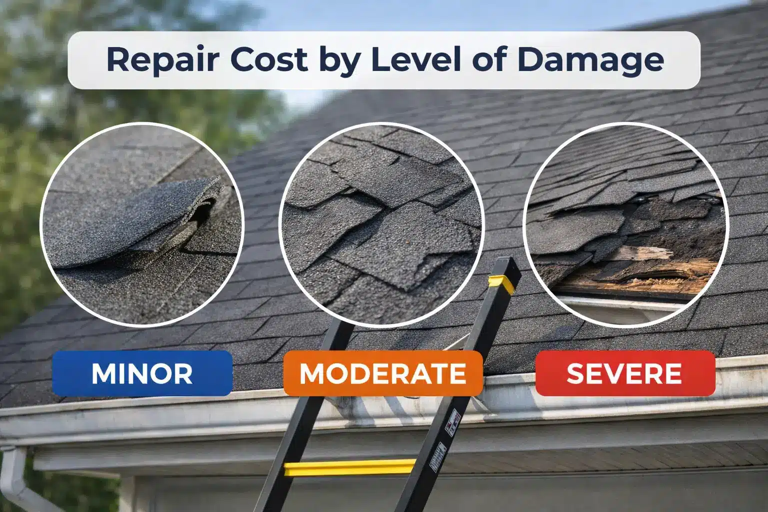 Repair cost by damage level showing minor, moderate, and severe roof shingle damage above ladder