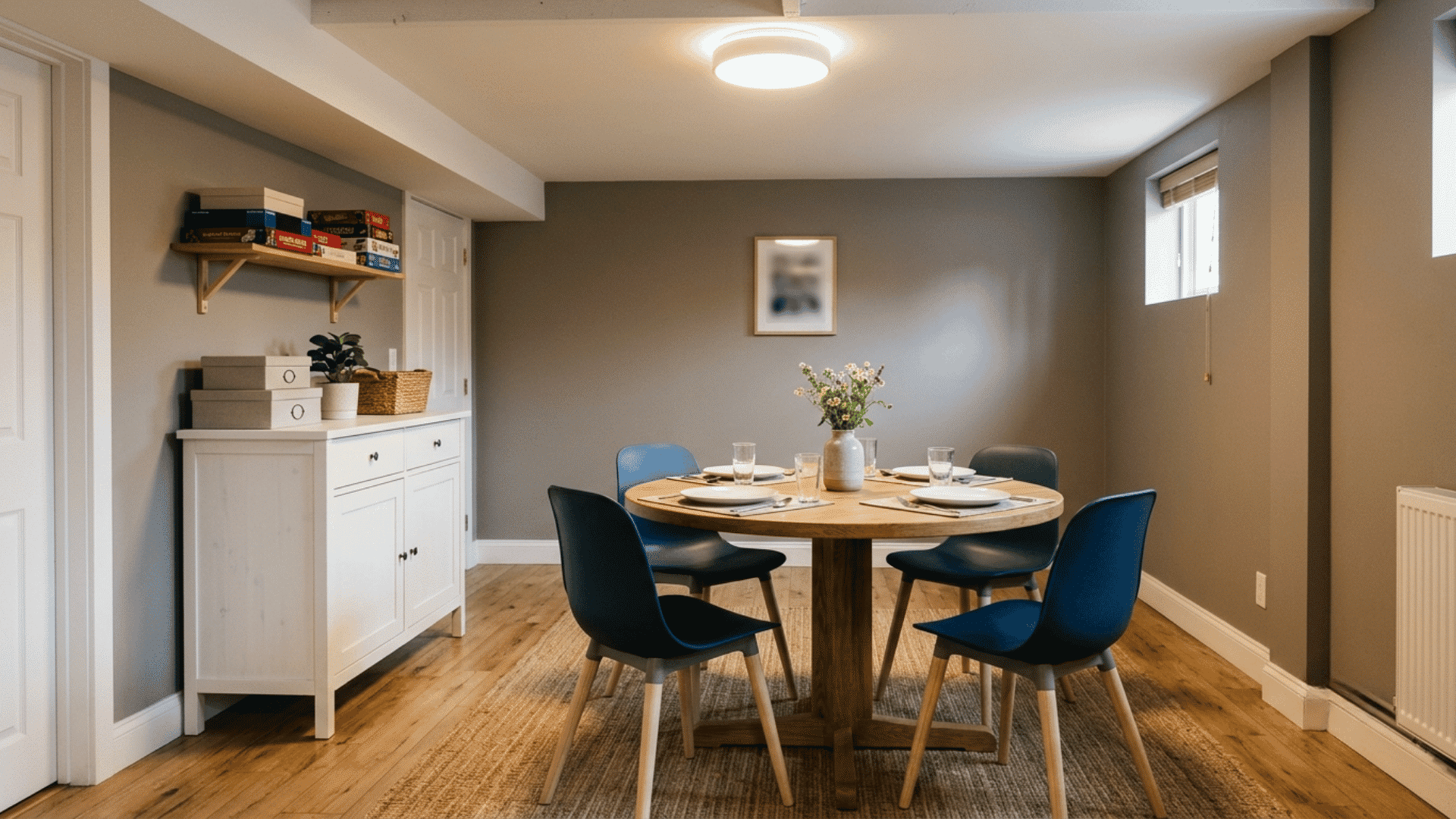 round wood dining table with six blue chairs in a neat finished basement setting