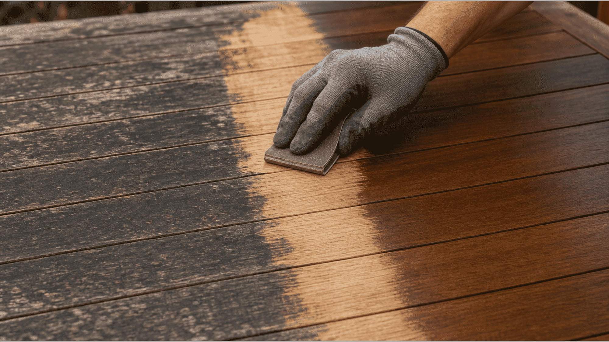 sanding a deeply stained wood deck to strip old finish before refinishing it