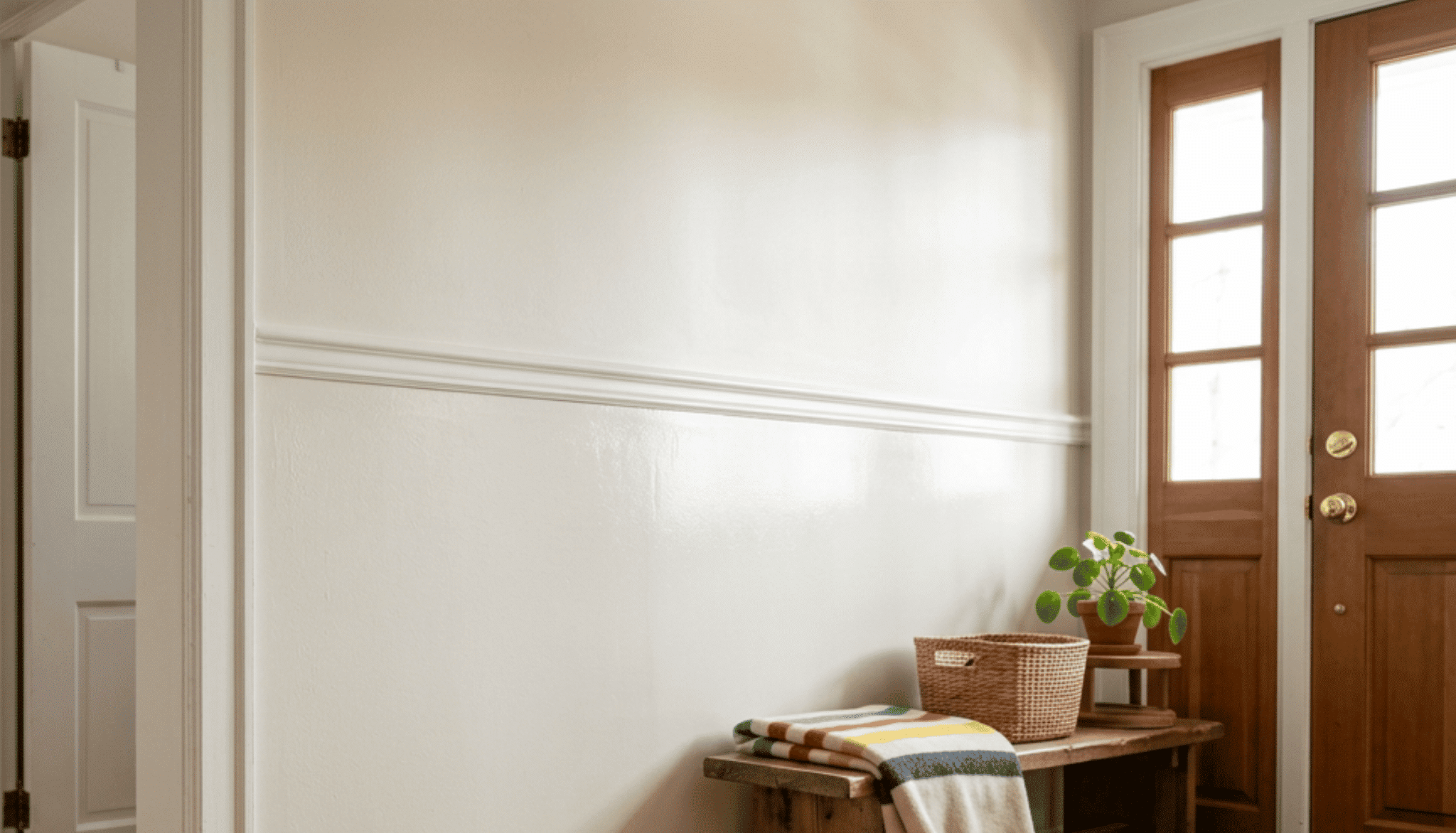 Hallway wall with semi-gloss finish below and satin finish above