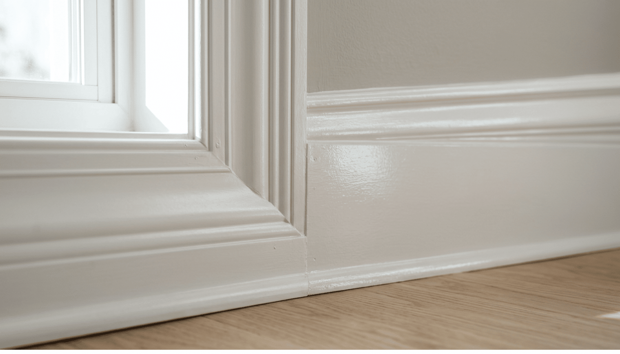 White baseboard trim with satin finish on left, semi-gloss sheen on right side