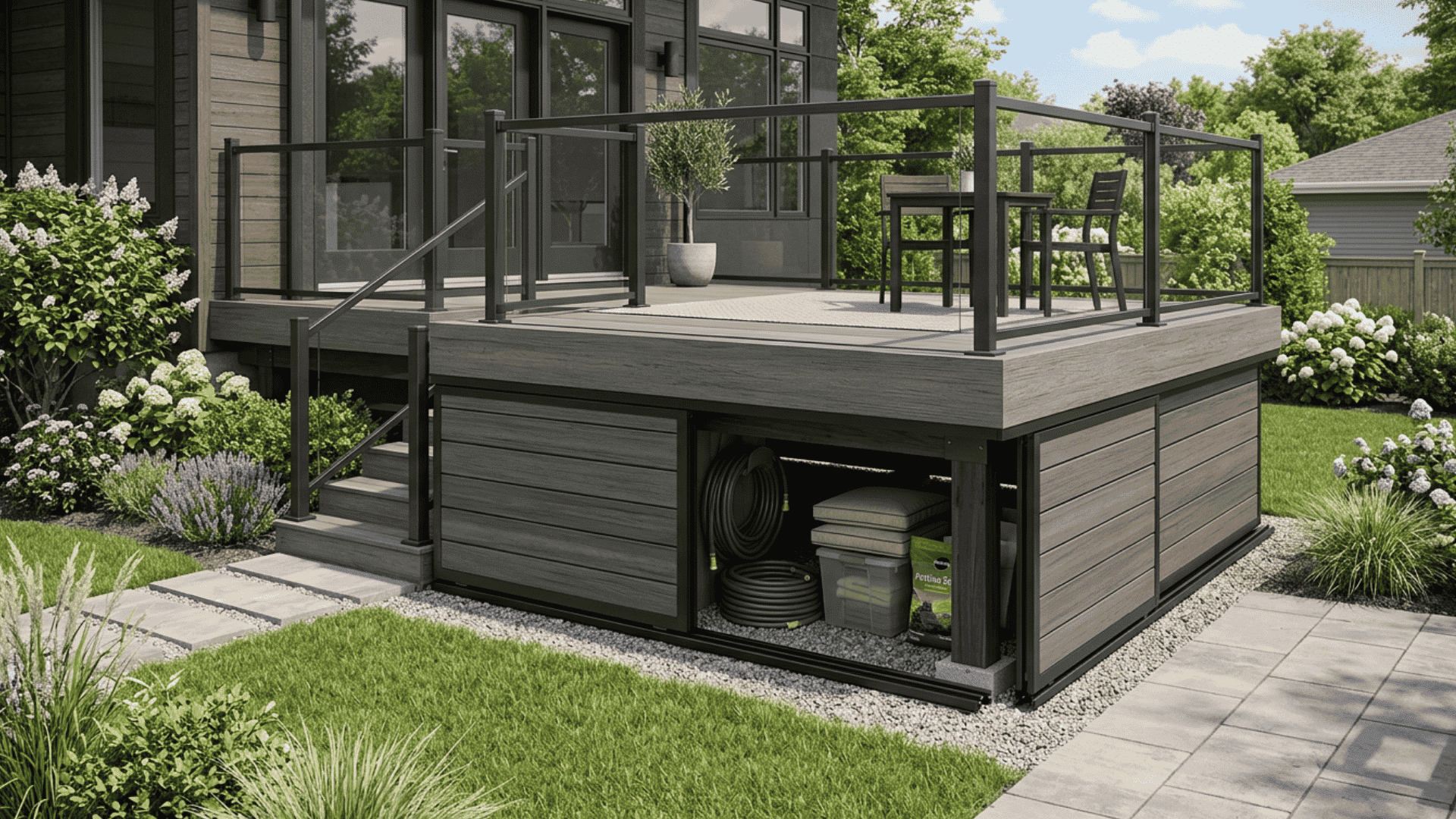 Sliding panel skirting with under-deck storage access