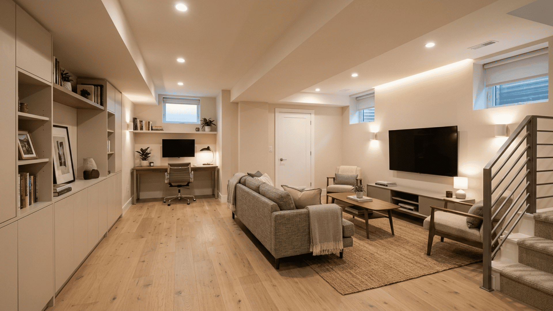 small finished basement with a home office, sofa, television, shelves and stairs