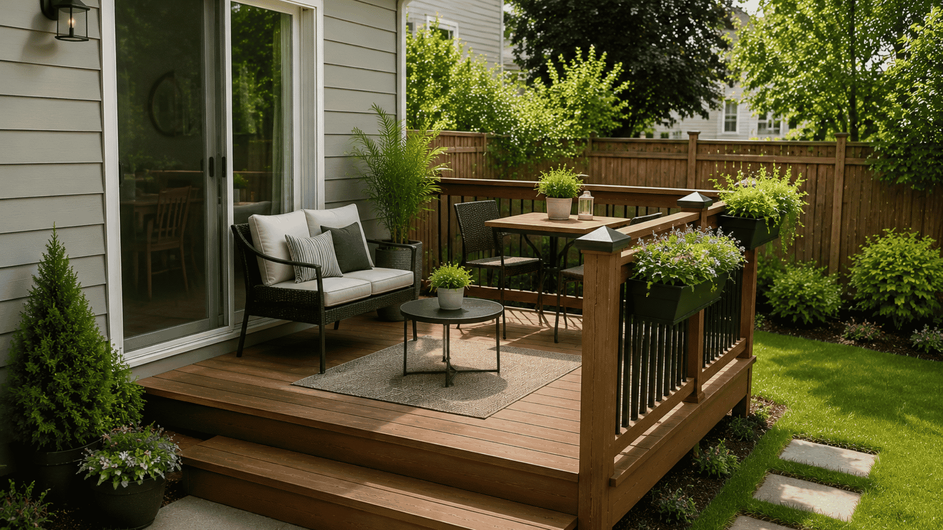Small backyard deck with smart layout, seating, planters, and space-saving outdoor design.