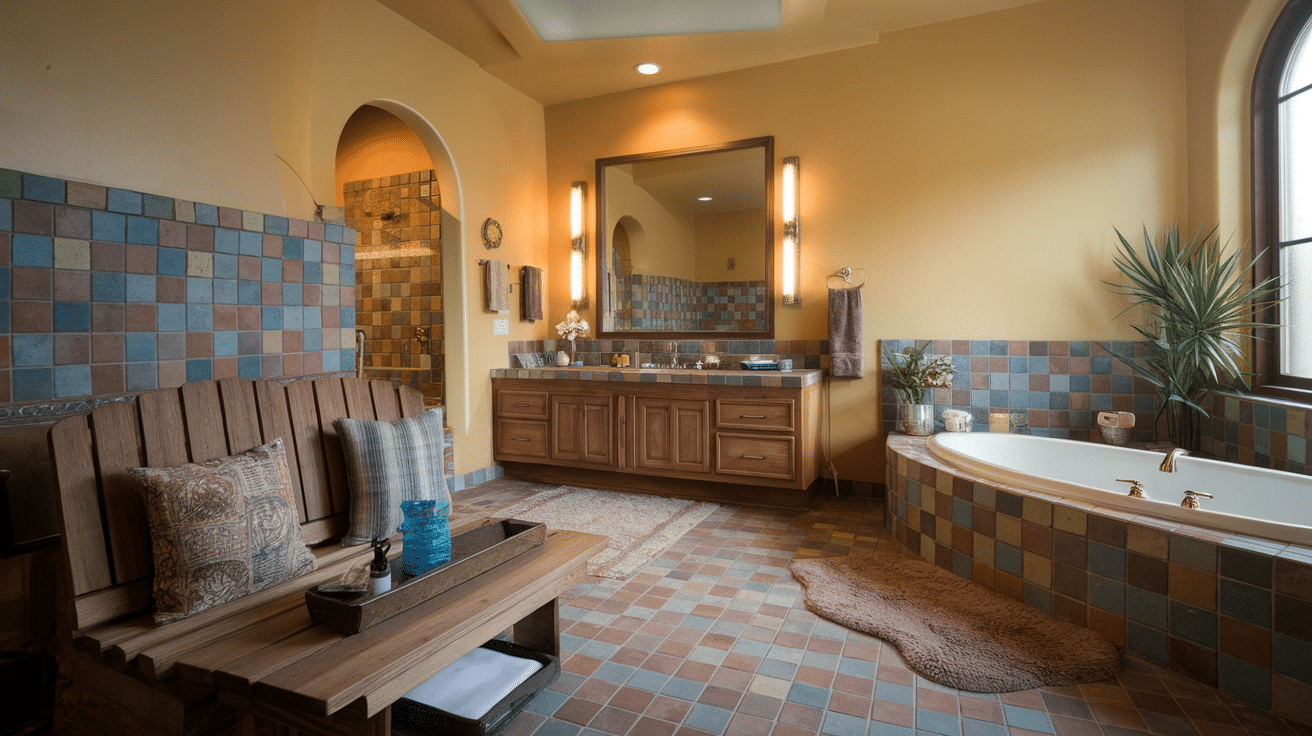 warm bathroom with a wooden bench, colorful tiled walls, bathtub, and potted plant