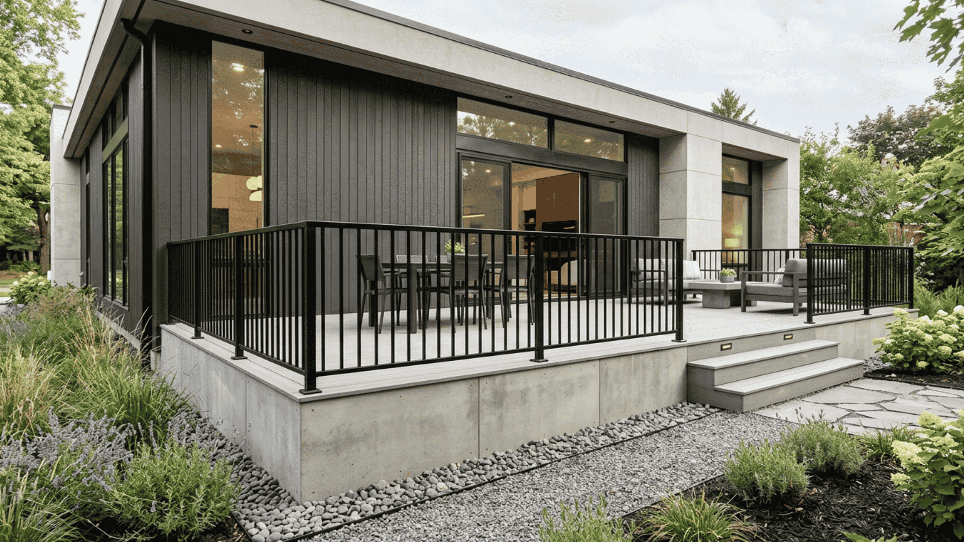 Smooth concrete panel skirting on a modern raised deck