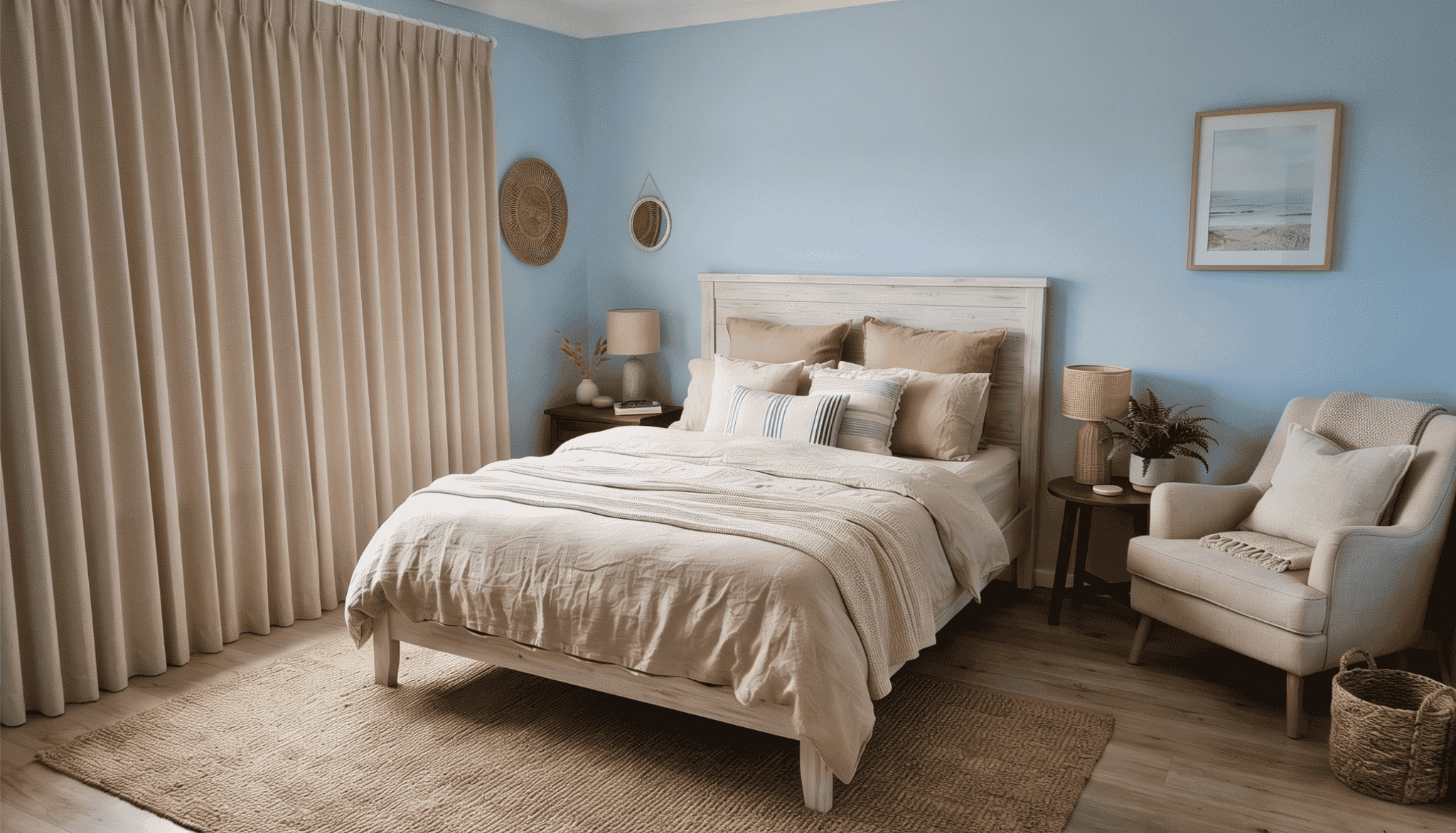 coastal bedroom with powder blue walls, sand-toned bedding, jute rug, and cream accent chair
