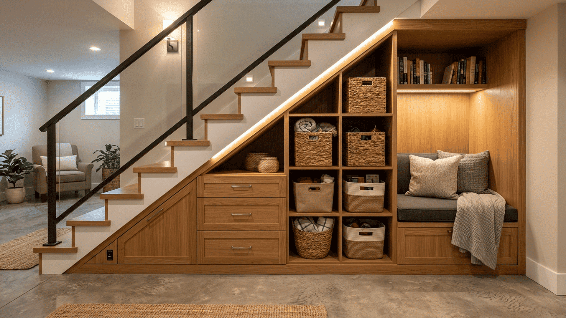 wood basement staircase with built-in shelves, storage baskets and a padded seat