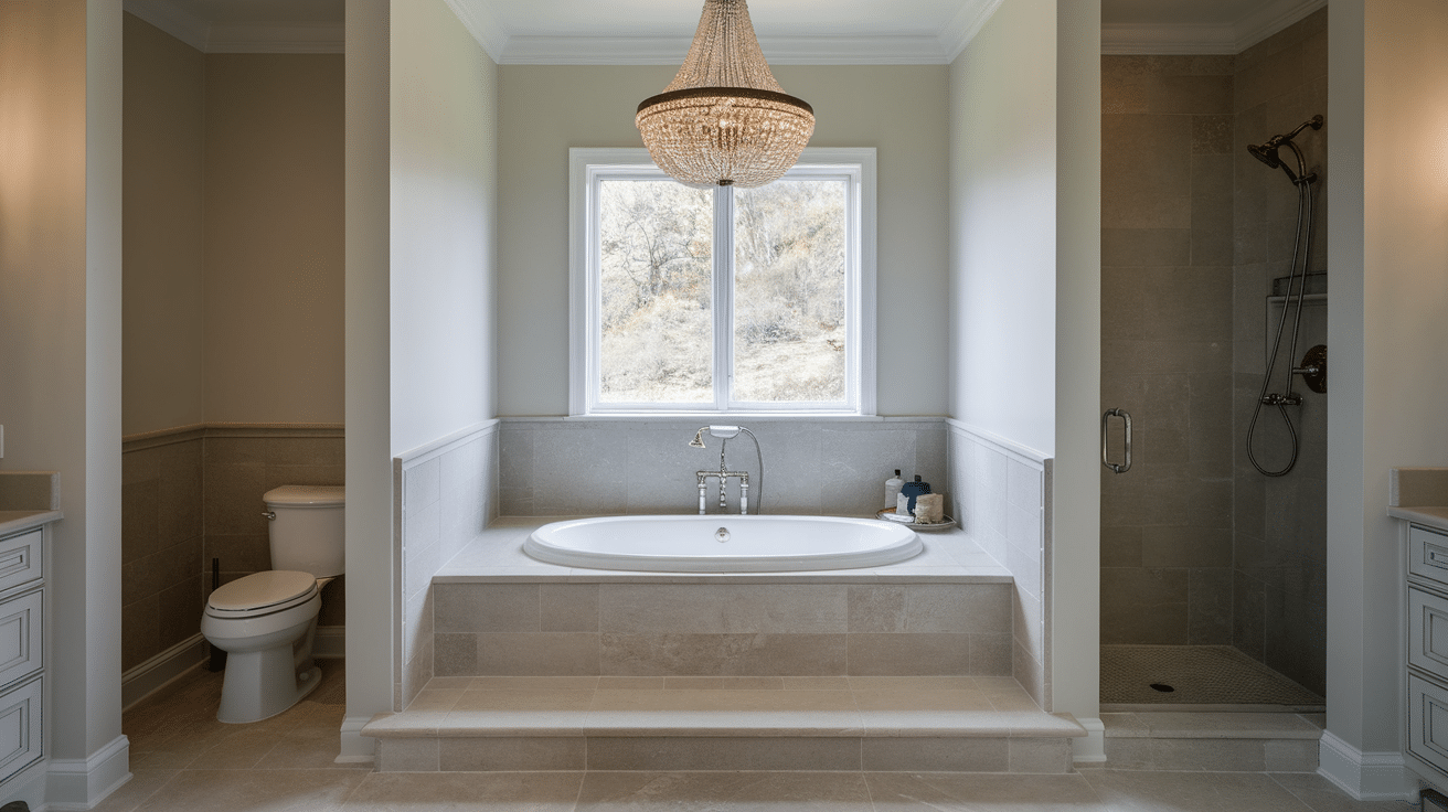elegant bathroom with a statement chandelier above a raised bathtub near a window