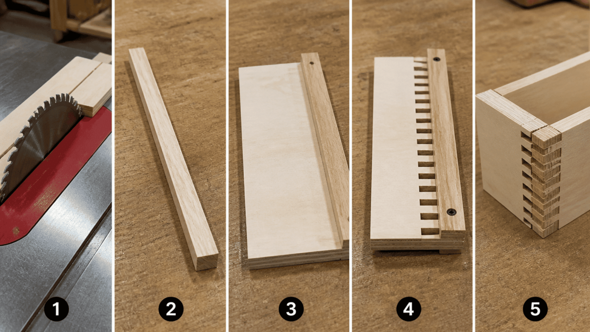 Five-panel finger joint jig building process illustration
