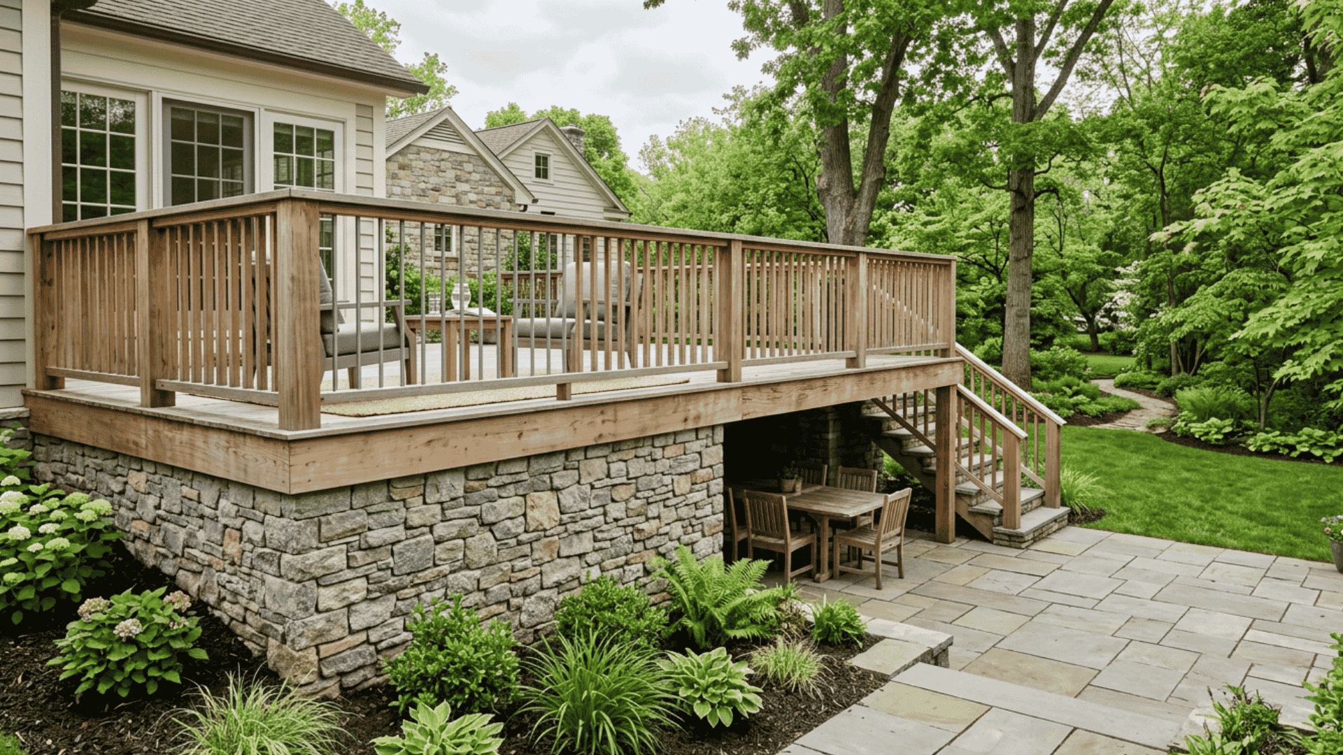 Stone-look skirting under a raised wood deck