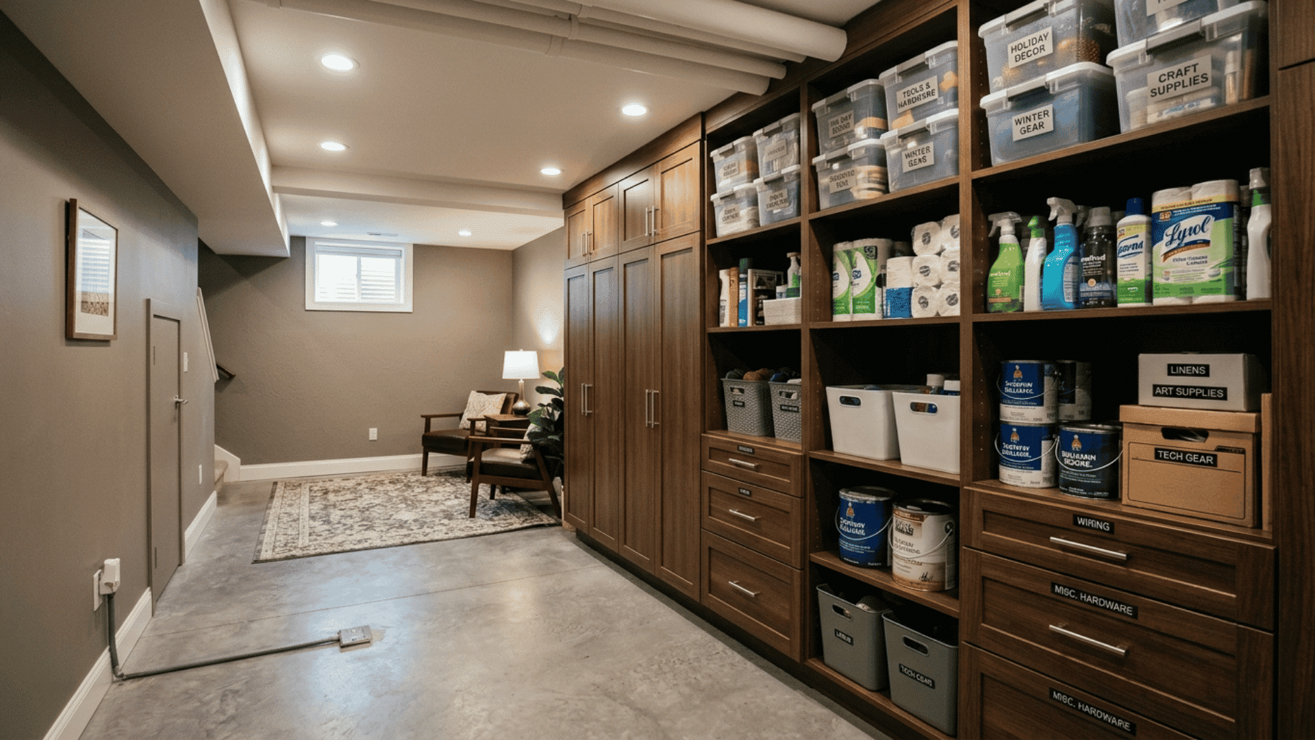 basement wall storage with wood cabinets, open shelves, labeled bins and drawers