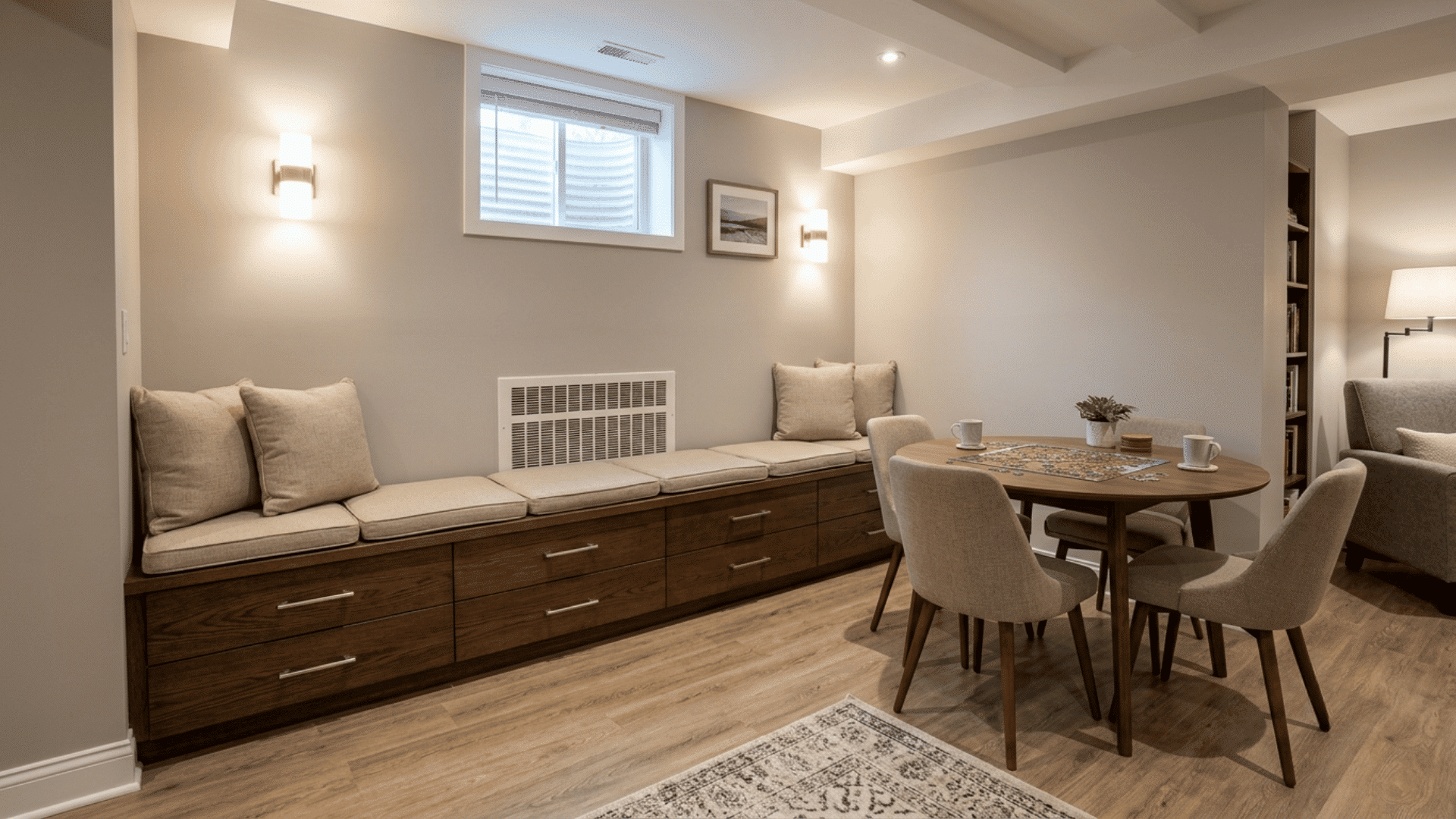 long basement storage bench with wood drawers, beige cushions and a dining table