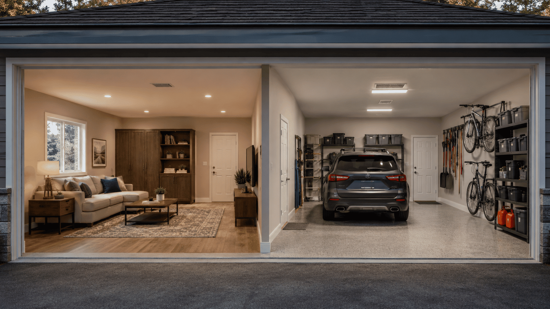 Two-car garage split into a living room and organized parking area.