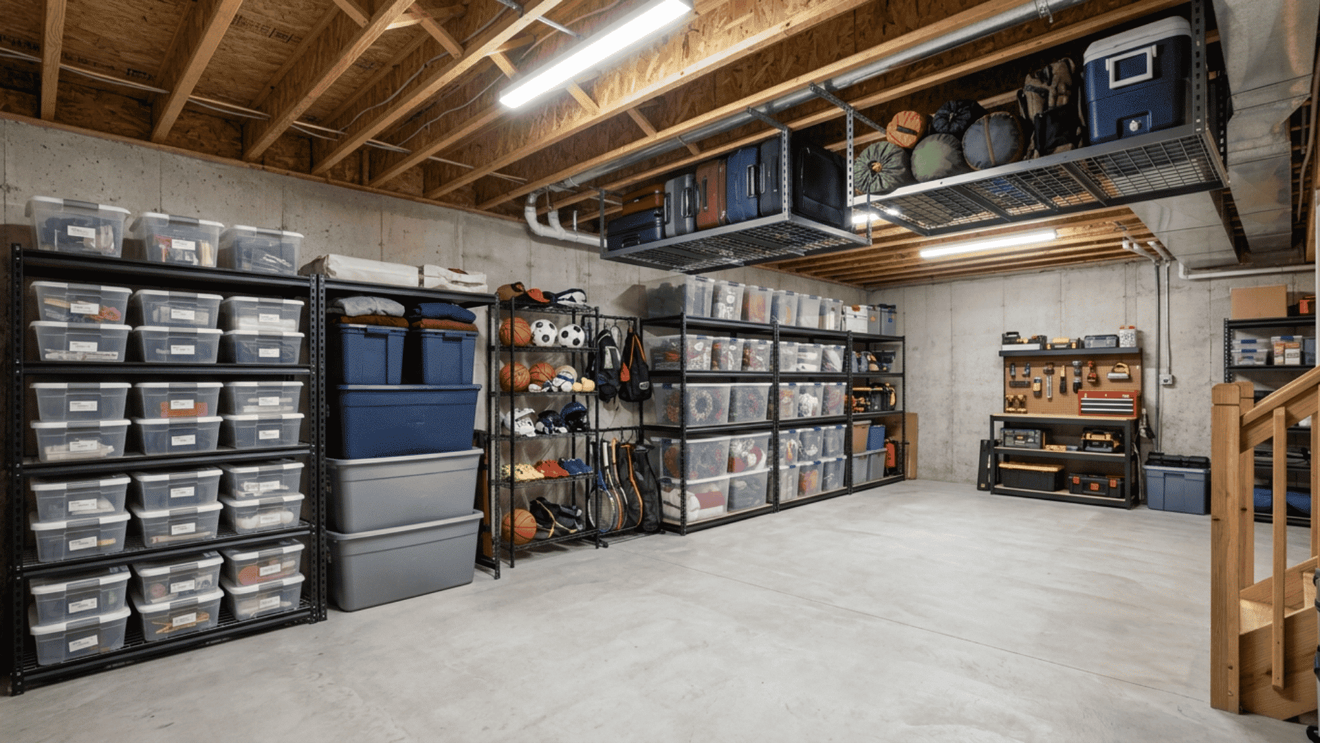 basement storage with metal shelves, clear bins, sports gear, and ceiling racks.