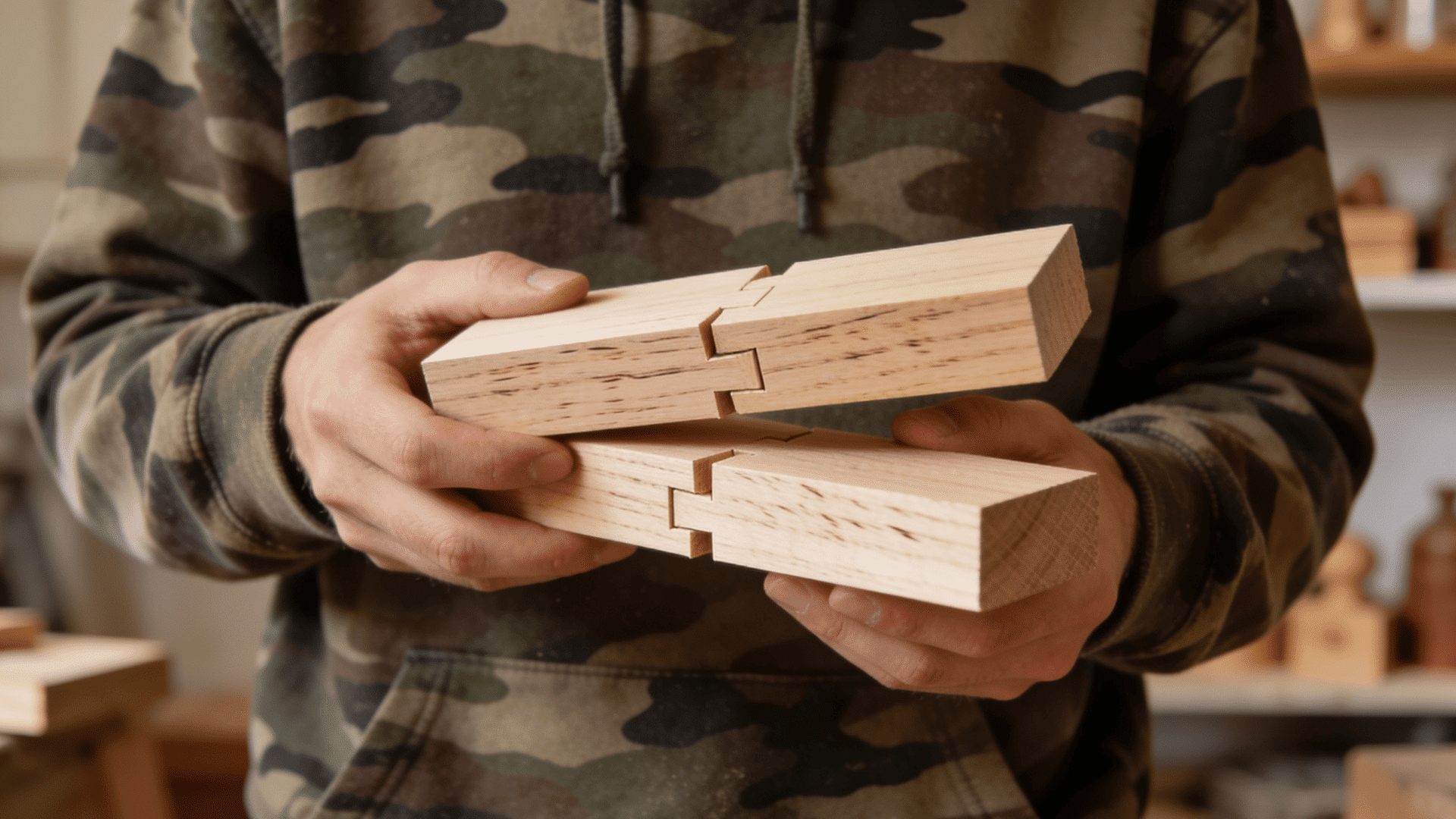 Hands holding unfinished wooden pieces with dovetail joints.
