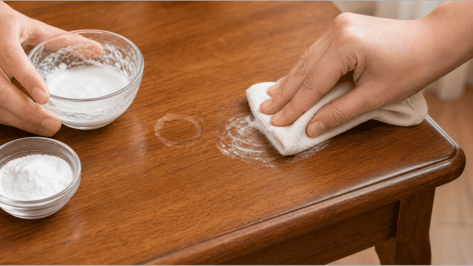 rubbing a baking soda paste on a light water ring stain on a wood table