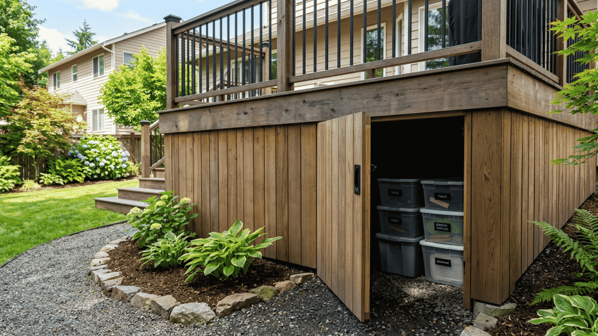 Under-deck storage door built into matching skirting