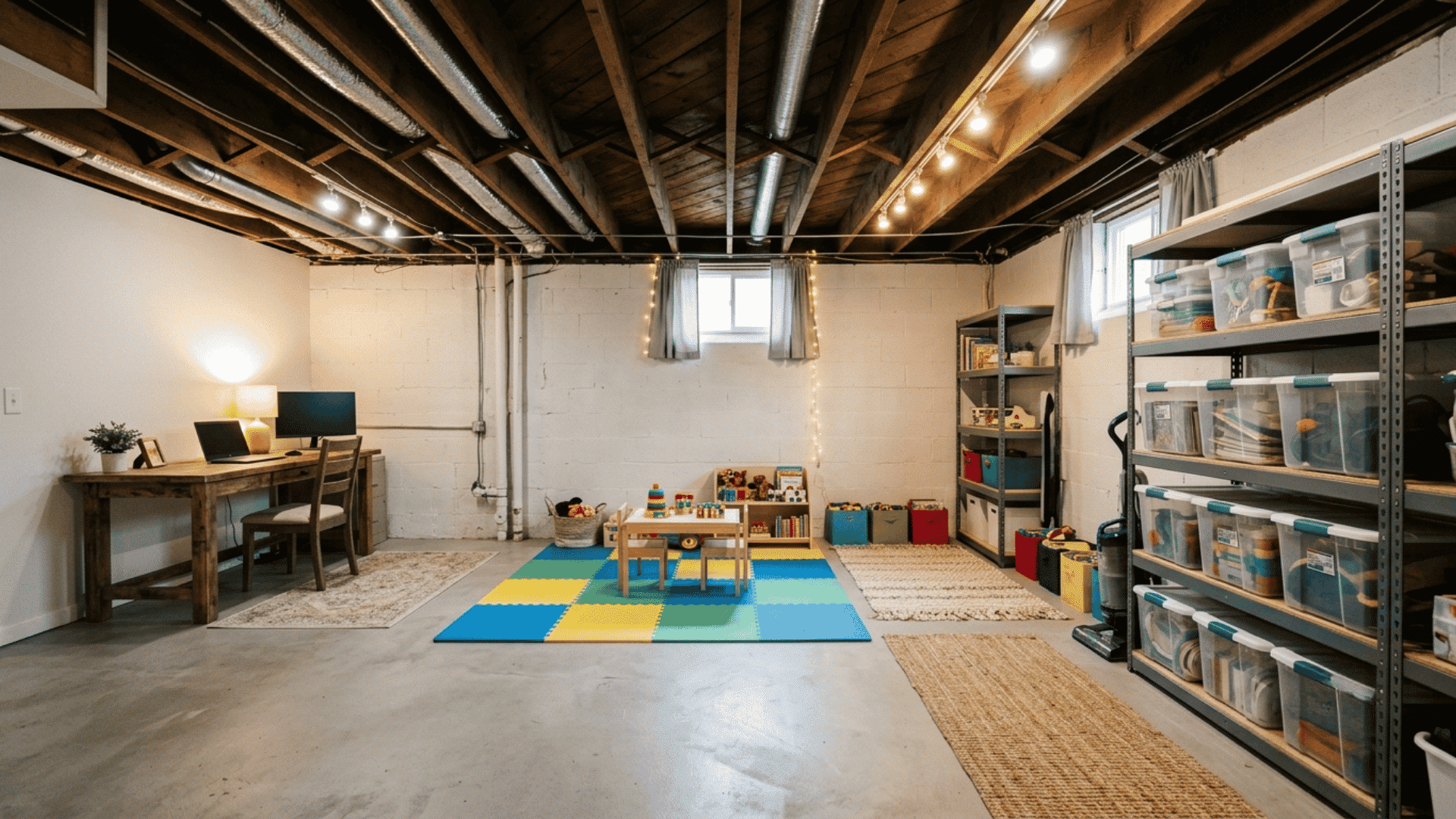 unfinished basement divided into office, play area, and organized storage zones.