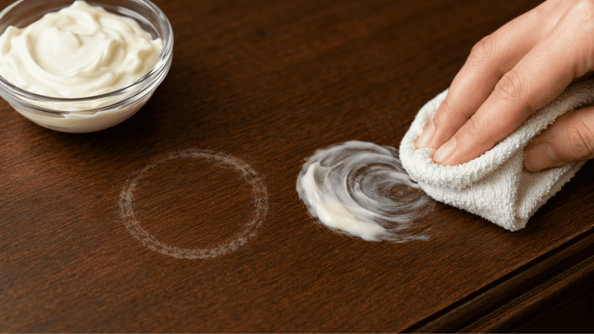 rubbing mayonnaise on a white water ring stain on a dark wood table surface