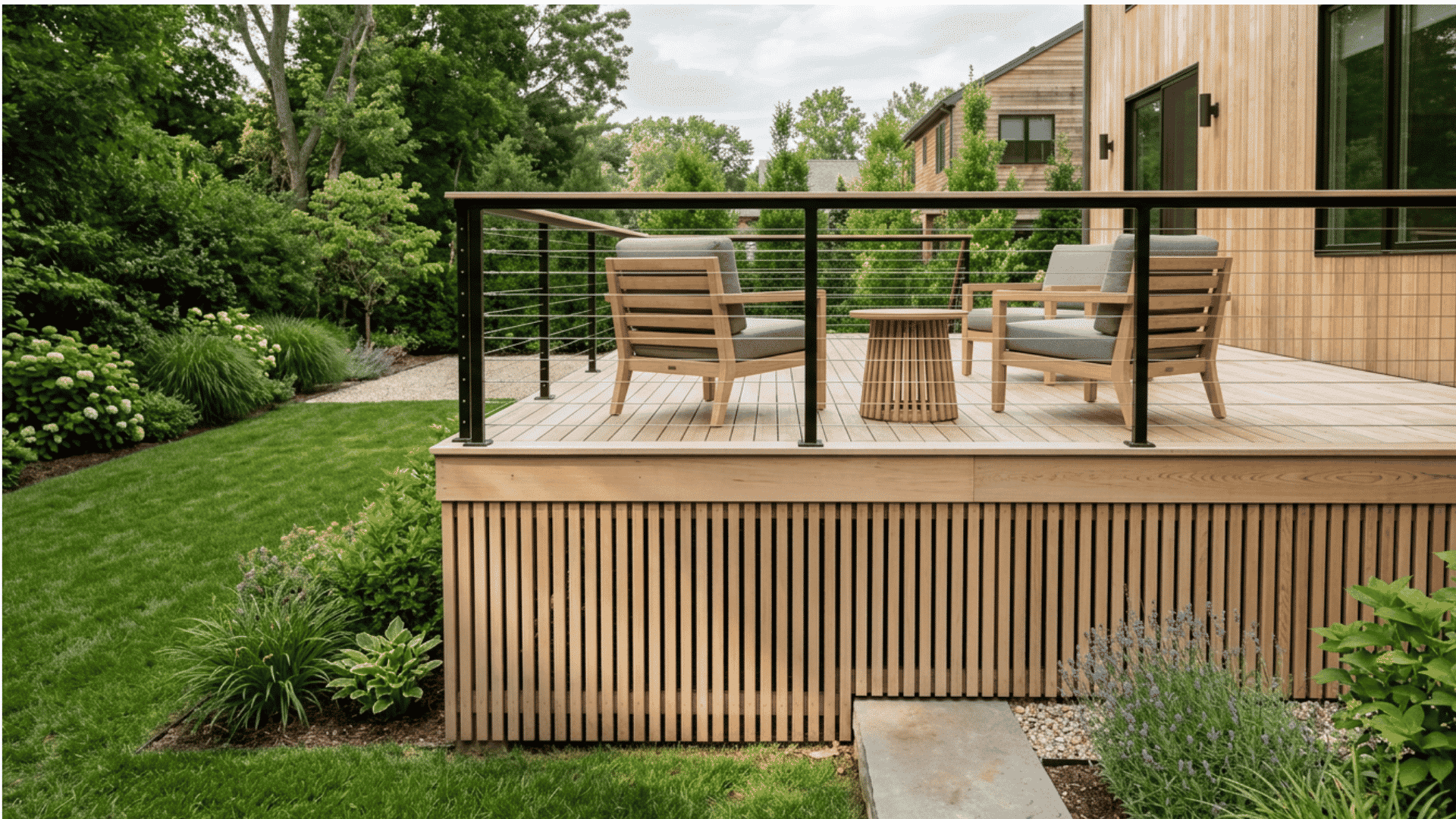 Vertical wood slat skirting on a clean modern deck