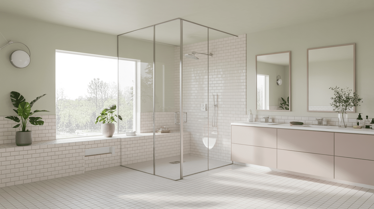 bright bathroom with a frameless walk-in shower, bathtub, vanity, and green plants