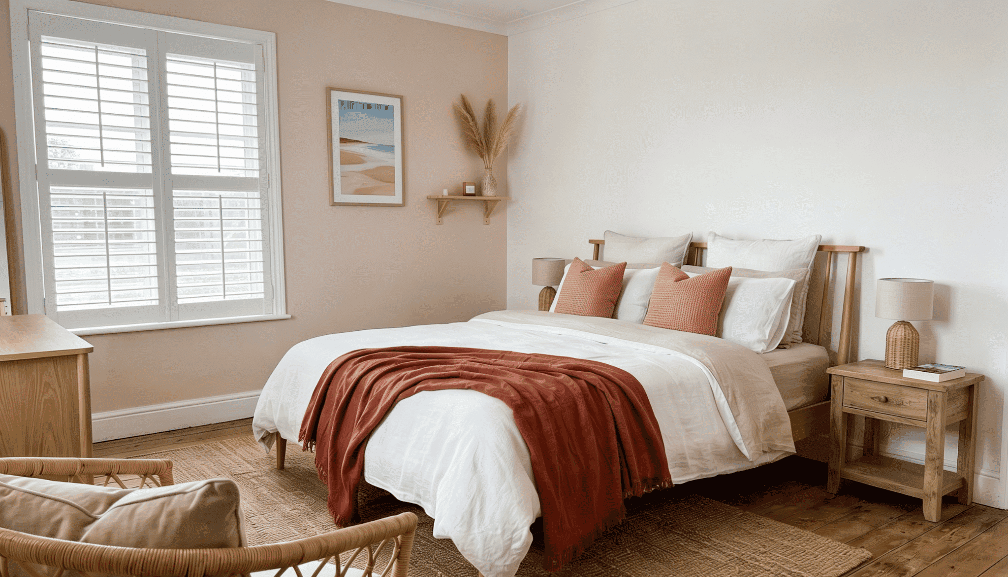 coastal bedroom with white and sand tones and a blush or terracotta accent