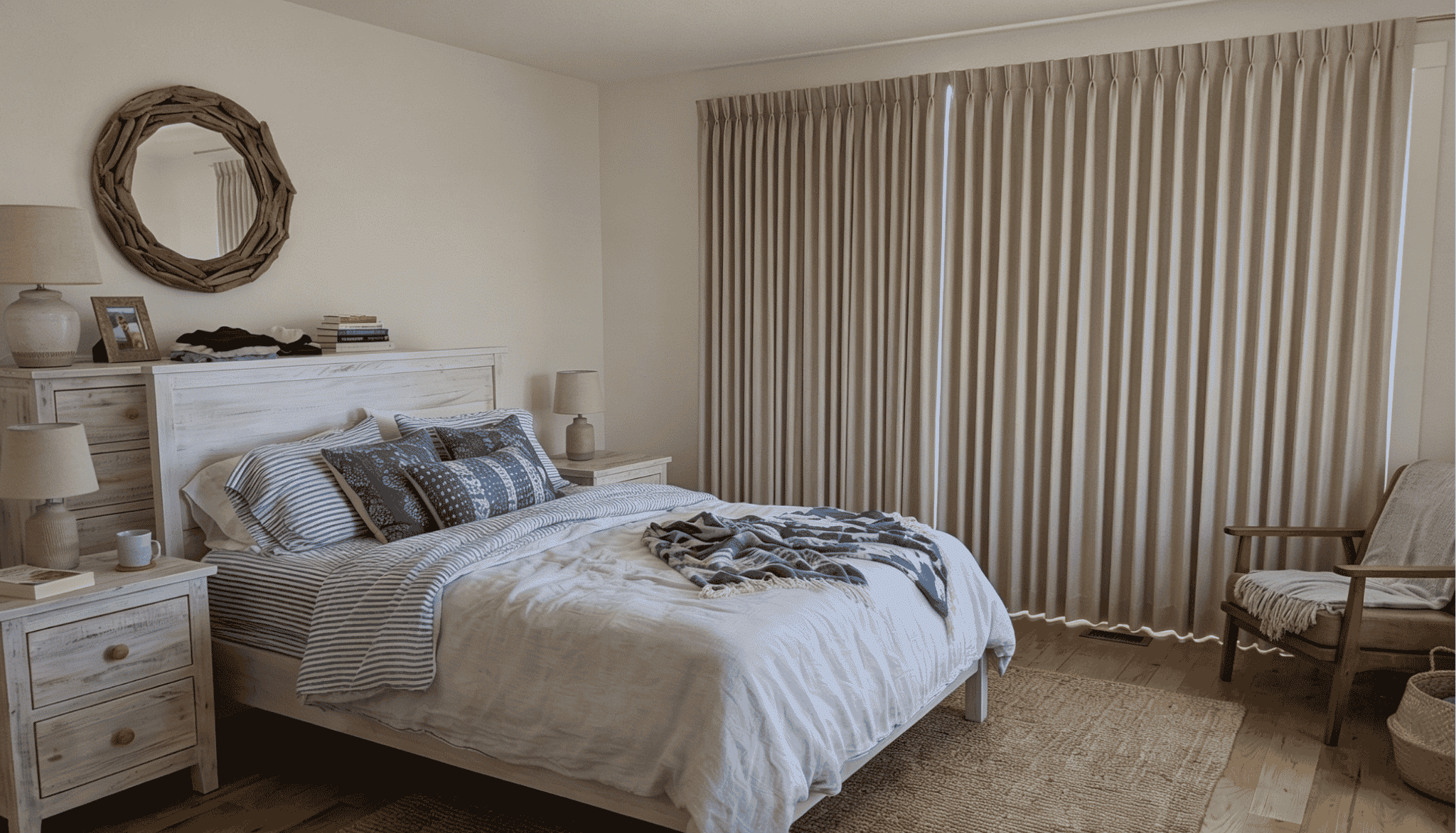 coastal bedroom with a weathered wood dresser and matching nightstands