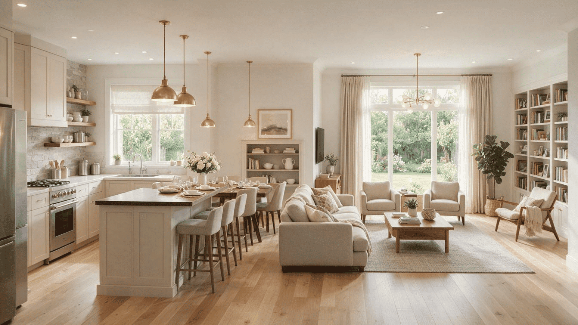open concept kitchen with island and dining table flowing into a living room with sofa and armchairs