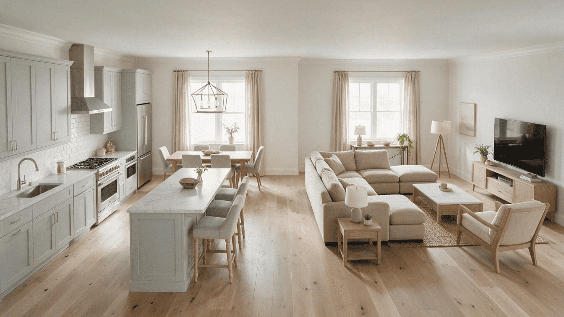 modern open-concept great room with kitchen, dining, and living area