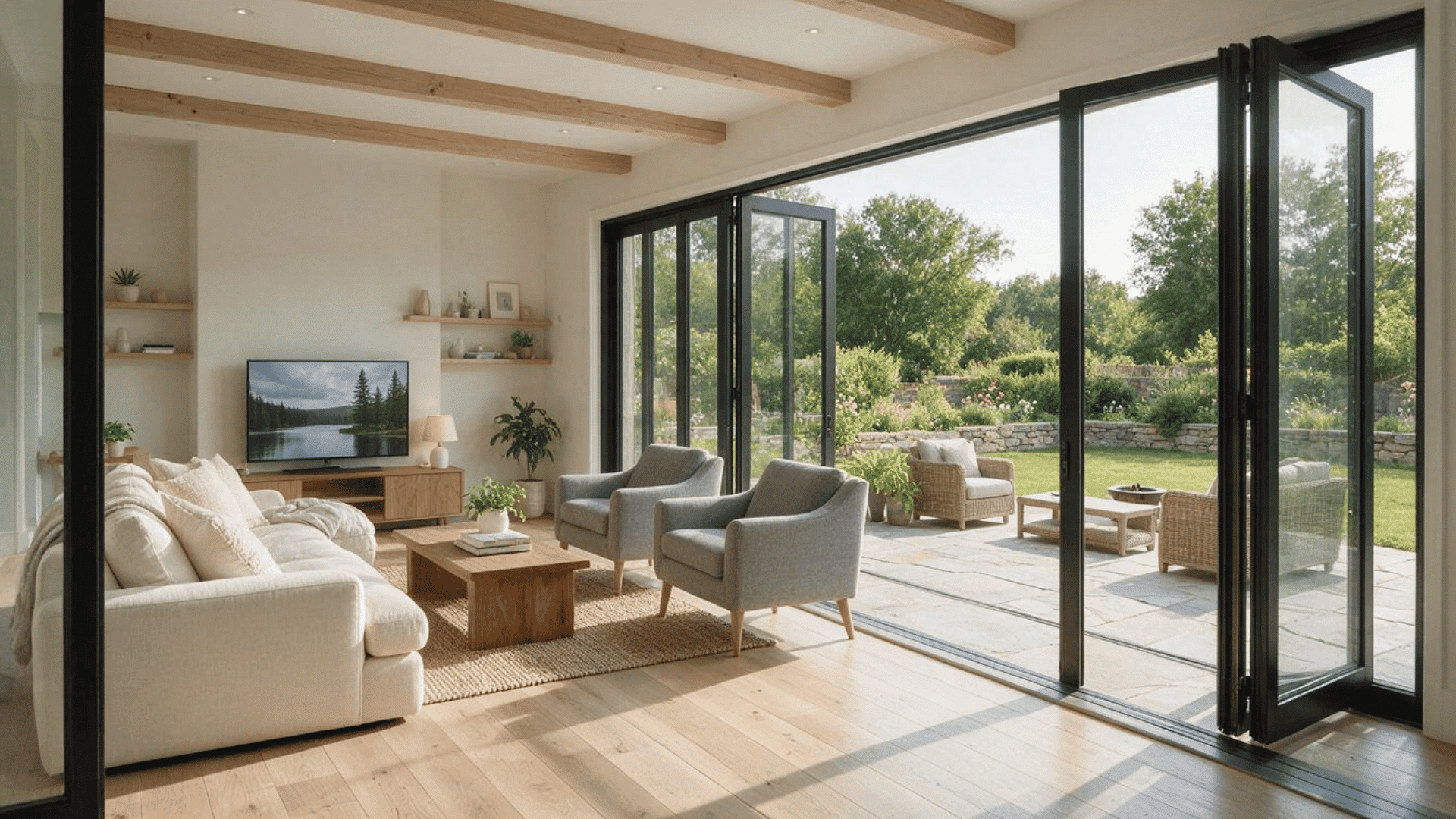 living room with folding glass doors opening onto a patio and garden