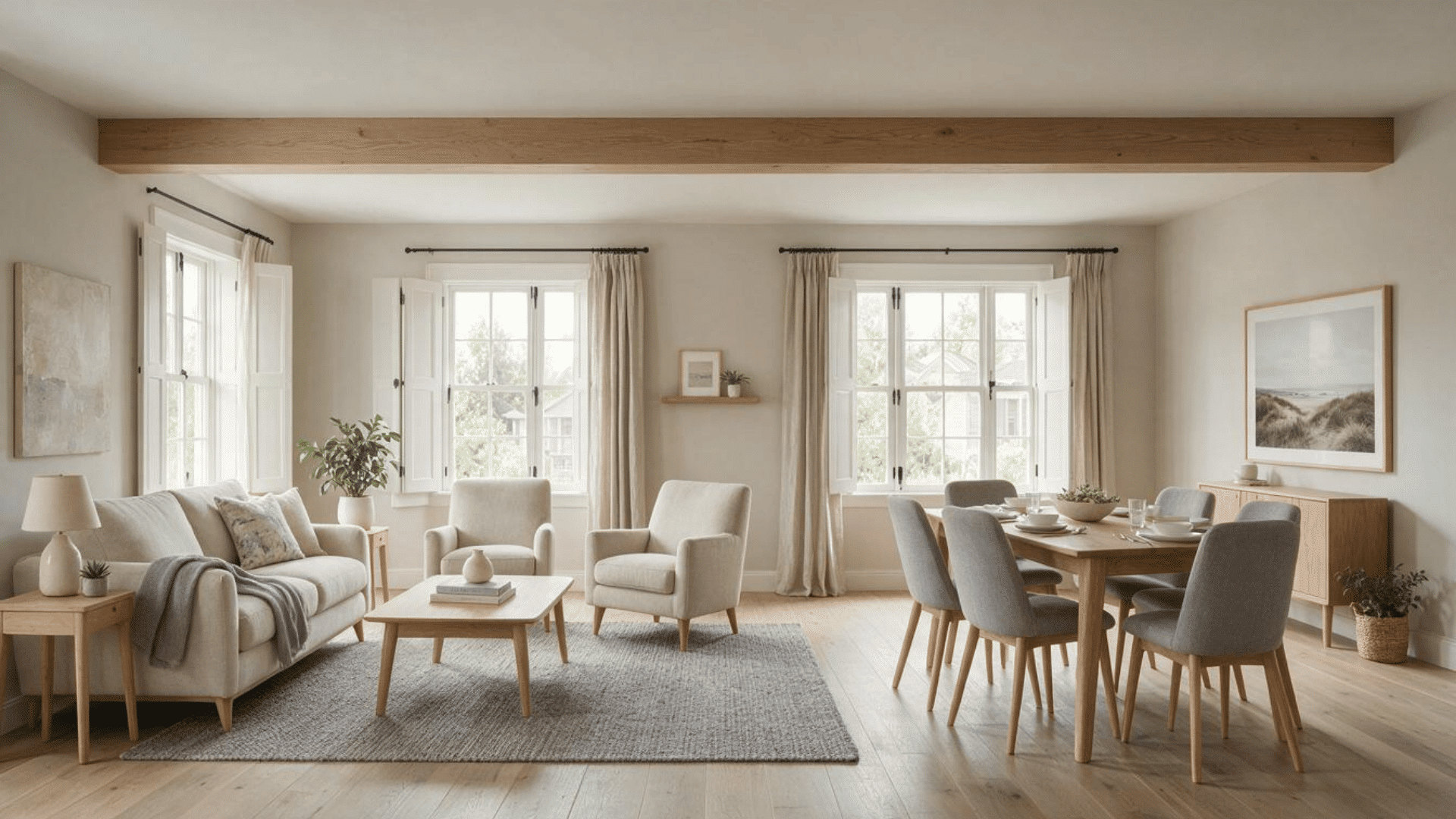 split-zone great room with separate living and dining areas in a bright neutral interior
