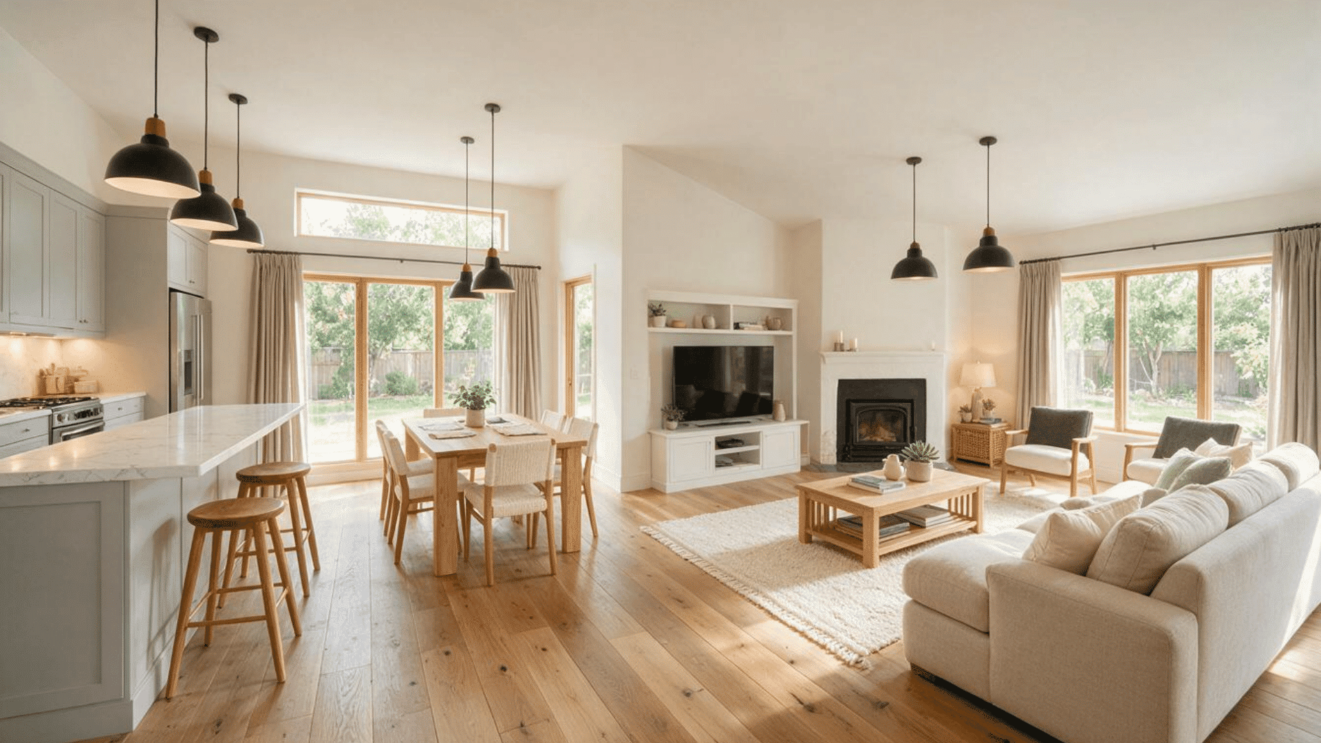 l shaped great room with kitchen and dining on one wall and seating around a fireplace on the other