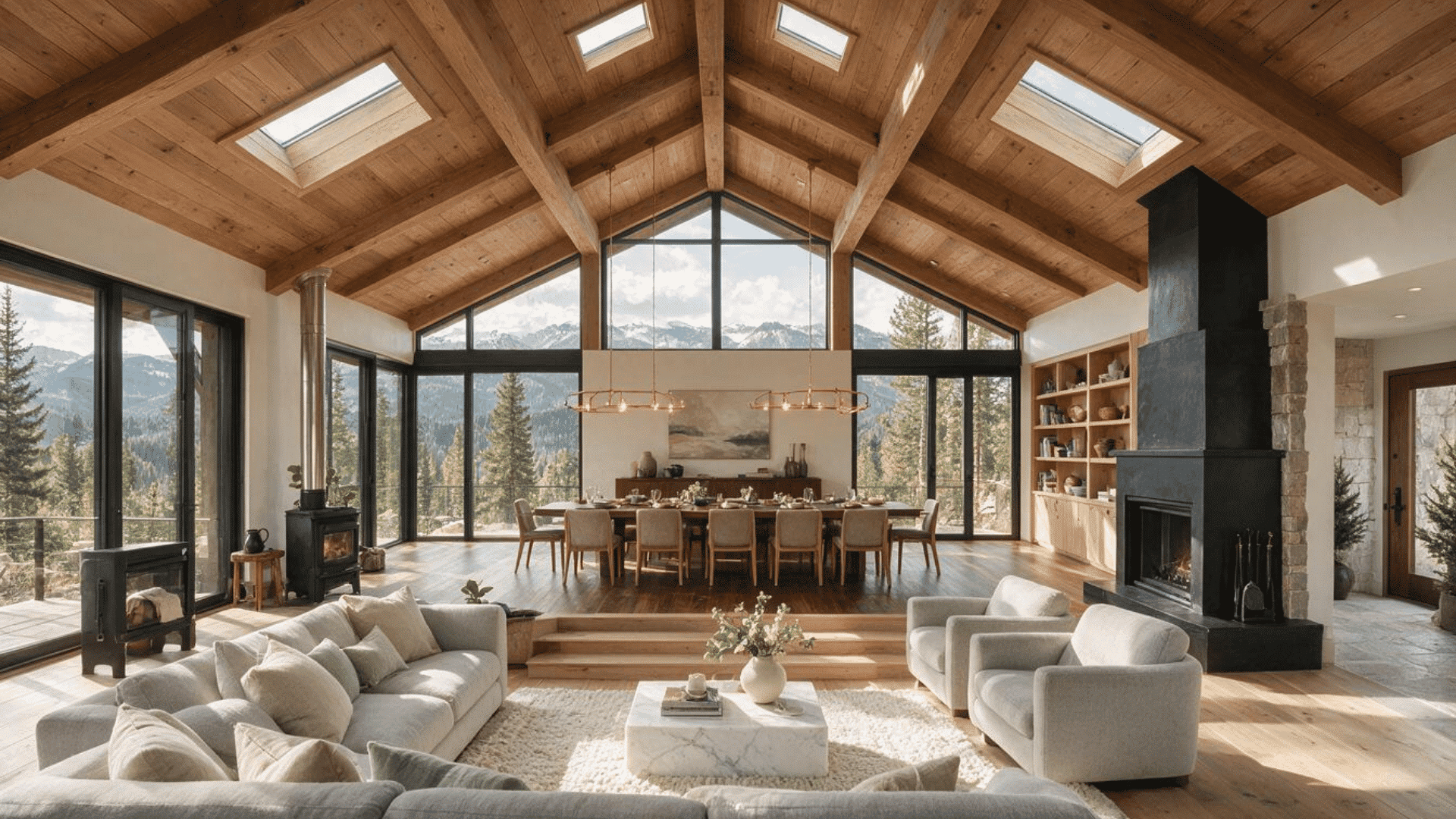 spacious great room with vaulted wood ceiling, open dining area, fireplace, and mountain views