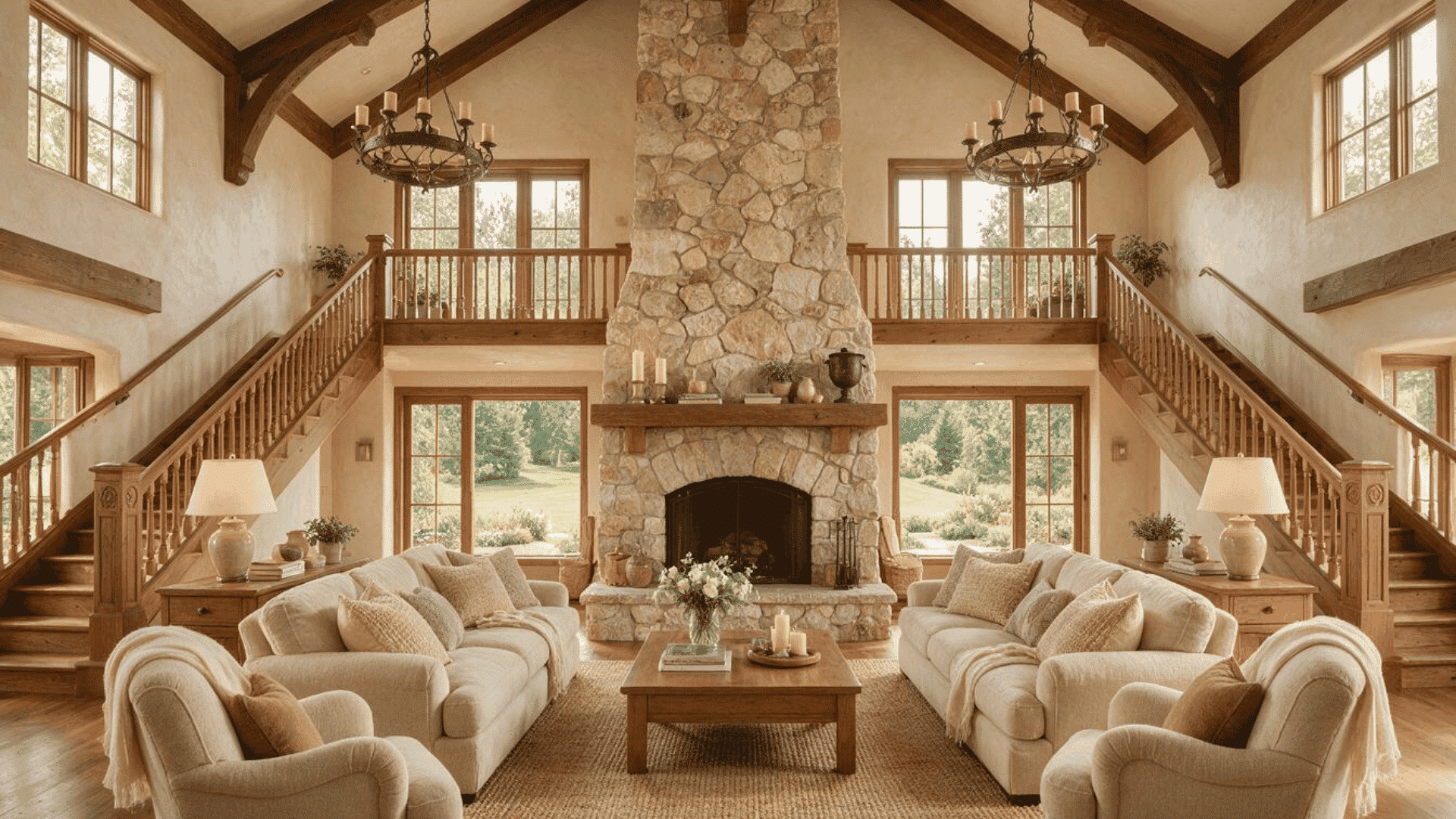 symmetrical great room with matching sofas, twin staircases, and a central stone fireplace