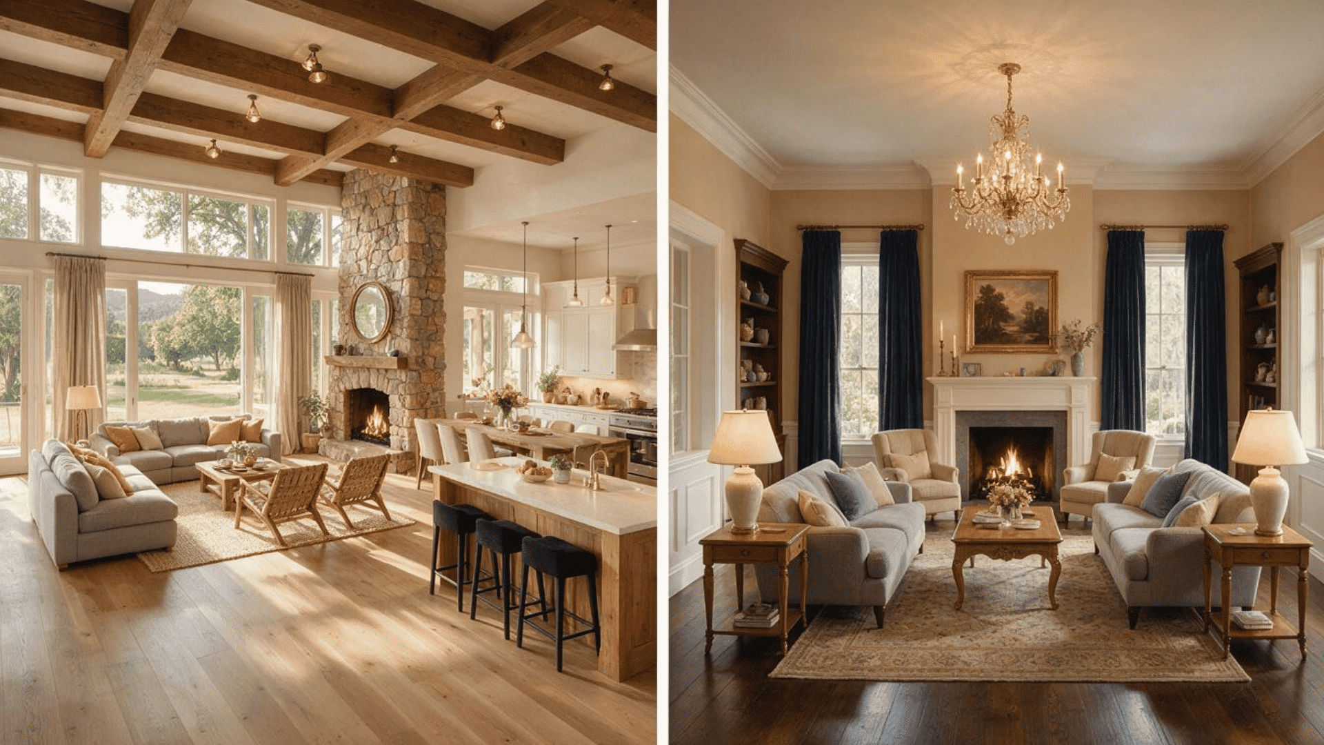 open floor plan living room with kitchen island next to a traditional living room with fireplace and chandelier