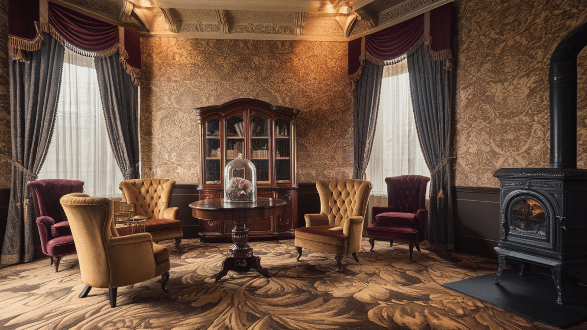 intage sitting room with patterned walls, velvet chairs, draped windows, and a black stove