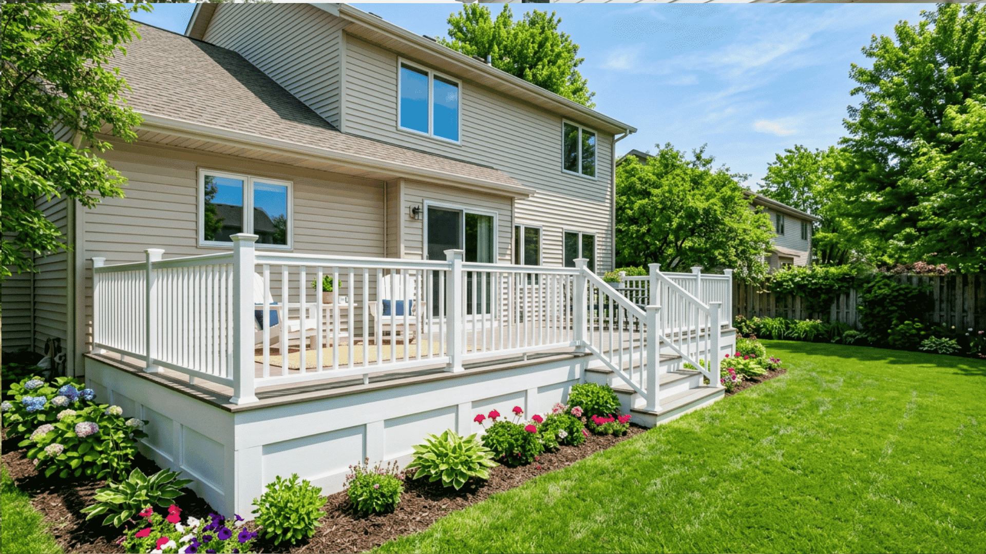 White deck skirting with clean panels and green lawn