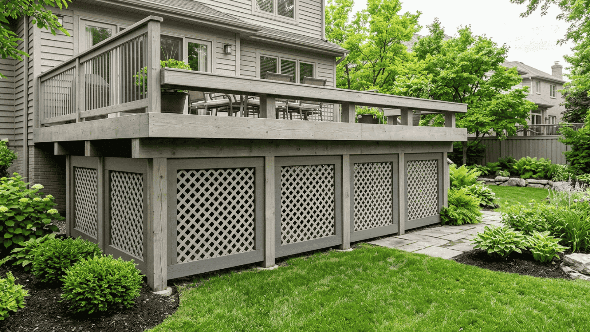 Wide framed lattice skirting panels below a modern deck